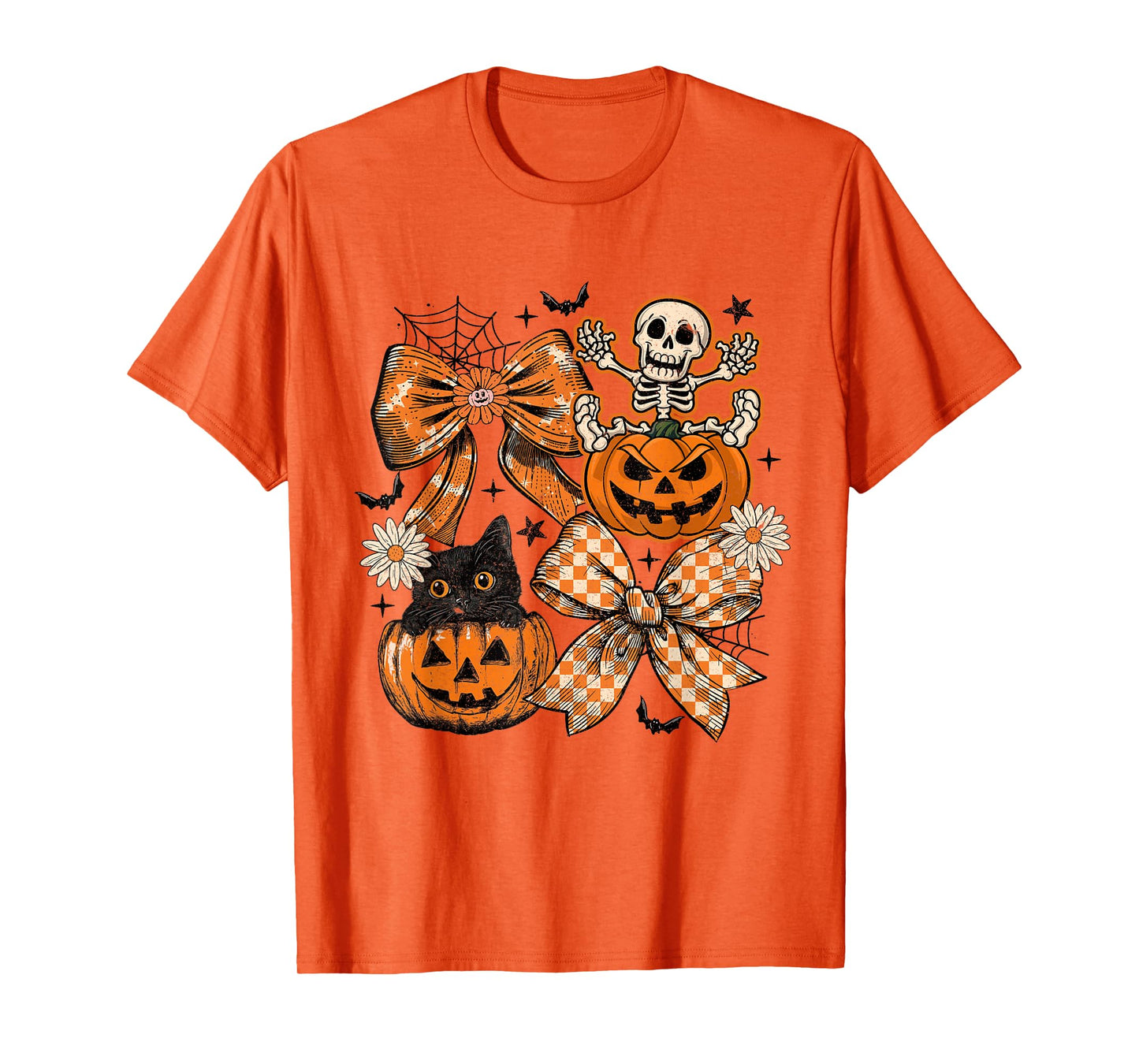 Retro Pumpkin Cat Bow Skeleton Funny Halloween Costumes T-Shirt