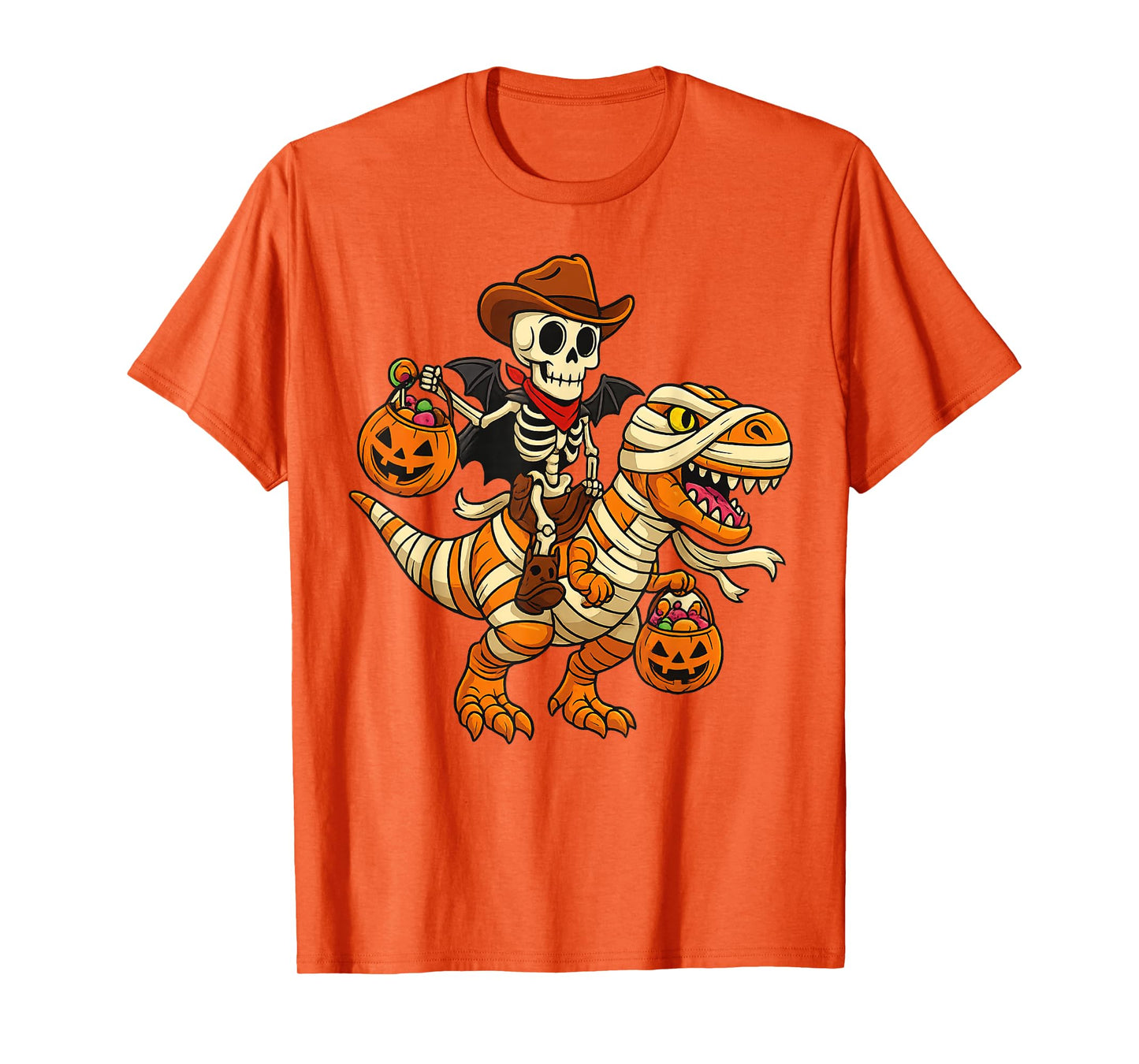 Skeleton Riding Mummy Dinosaur T rex Halloween Funny Pumpkin T-Shirt
