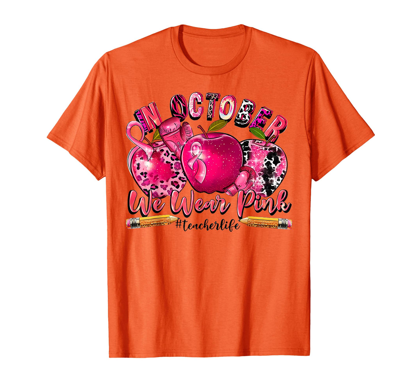 In October We Wear Pink Teacher Apple Breast Cancer Month T-Shirt