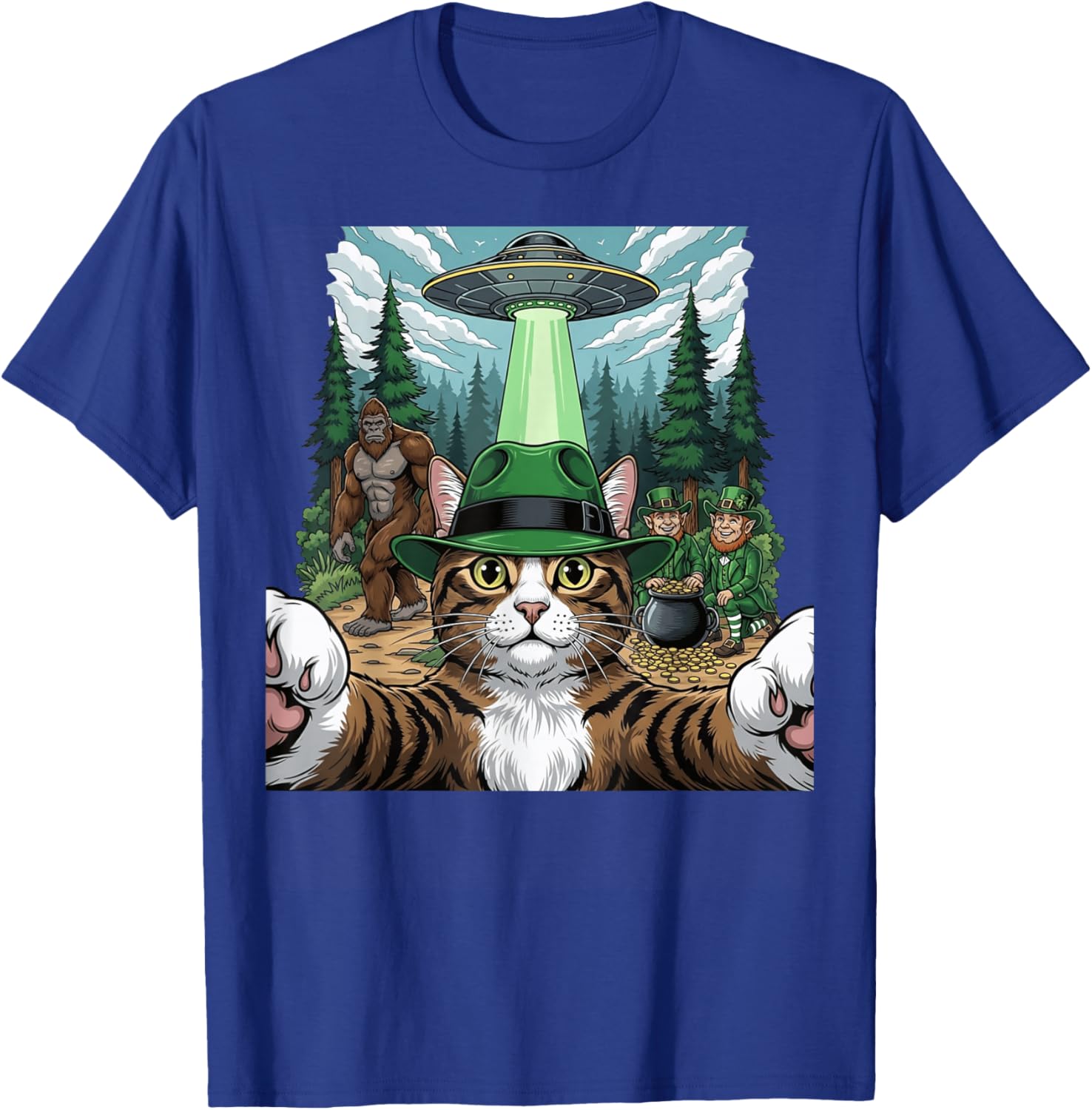 St Patricks Day Bigfoot Leprechaun Cat UFO Funny Scene T-Shirt - T-Shirt | Royal