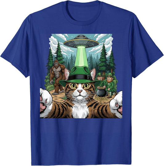 St Patricks Day Bigfoot Leprechaun Cat UFO Funny Scene T-Shirt - T-Shirt | Royal