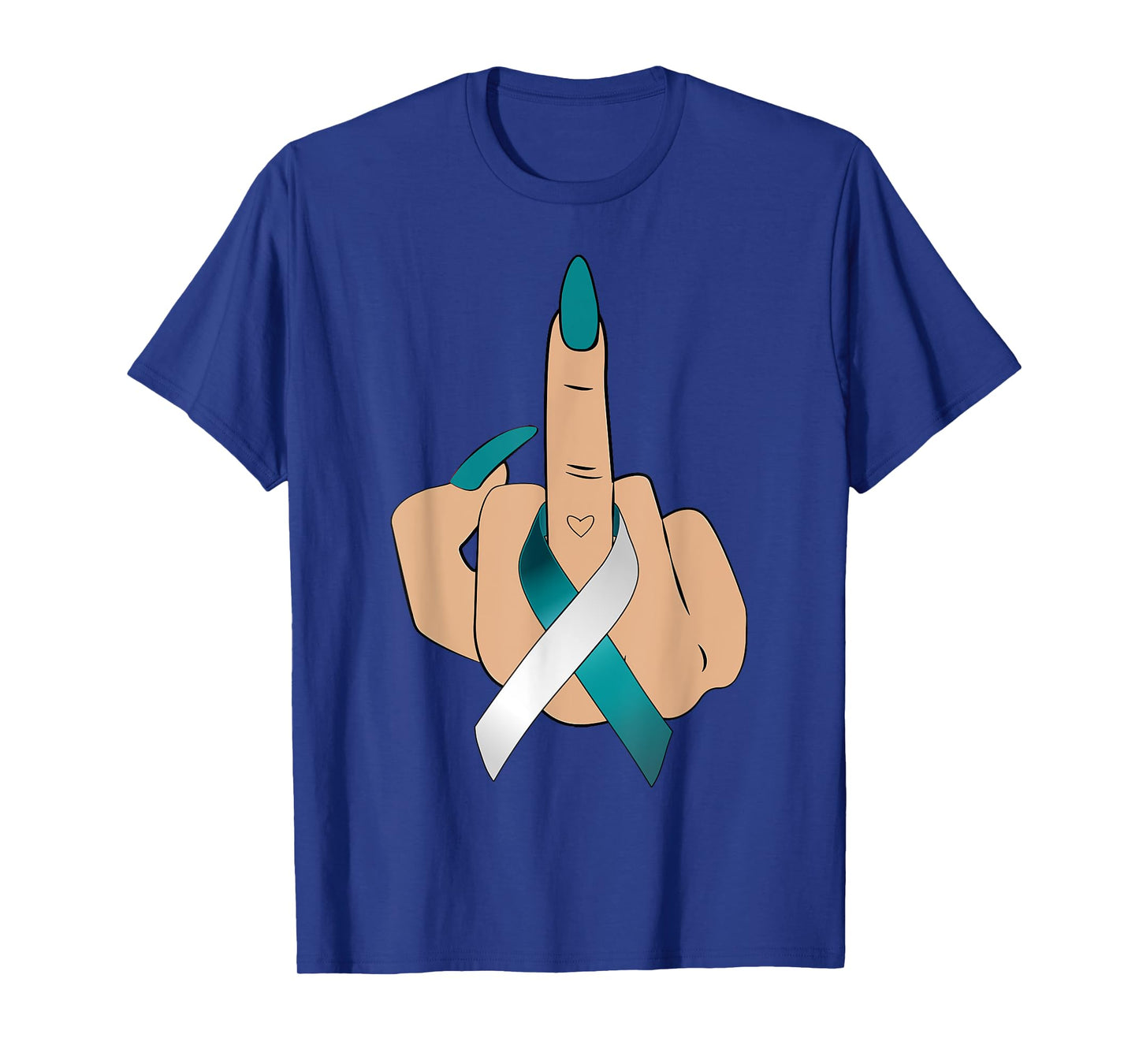 Middle Finger Woman Teal White Ribbon Cervical Cancer Women T-Shirt