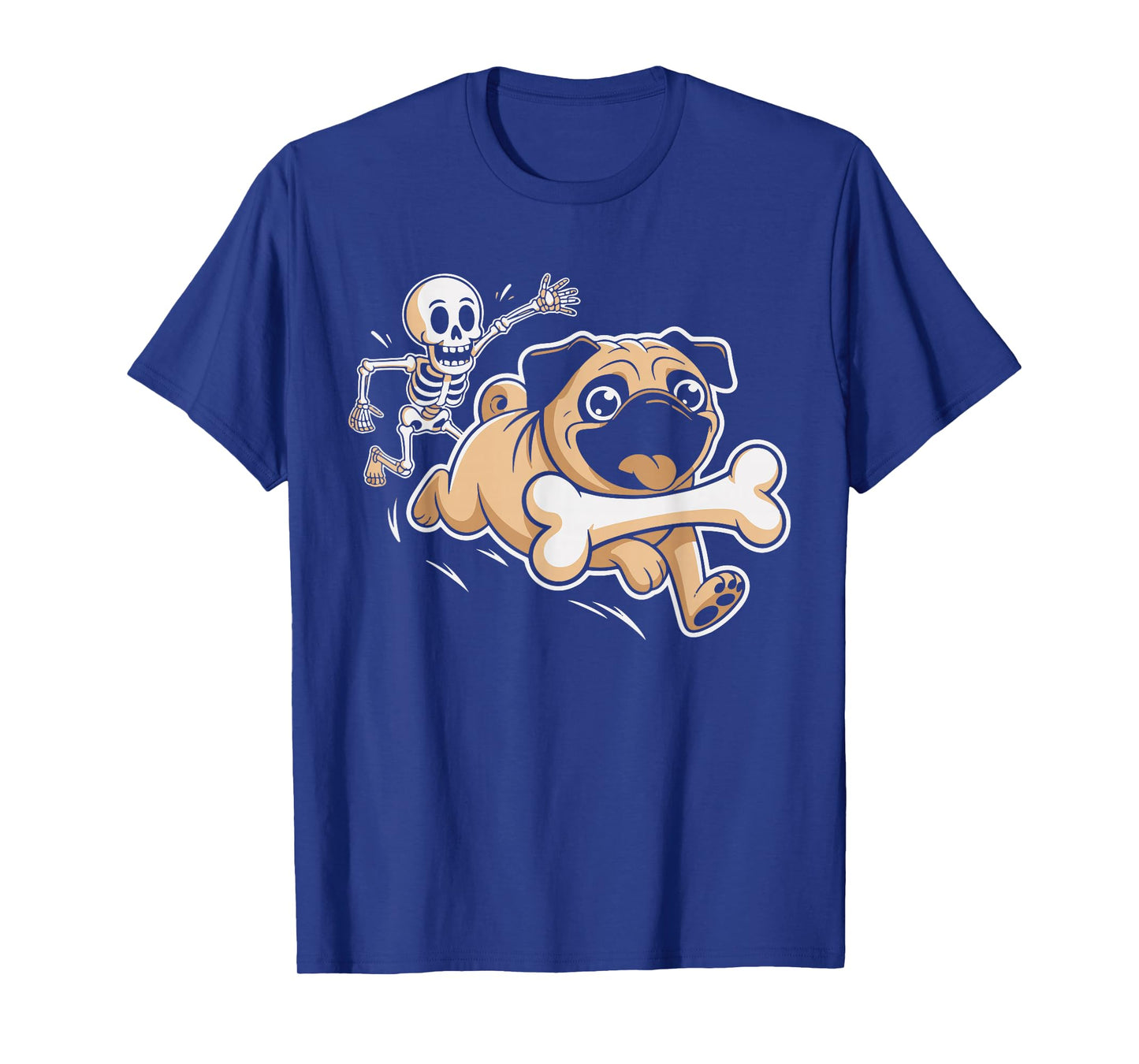 Funny Pug Dog Steals Bone from Skeleton Spooky Halloween T-Shirt
