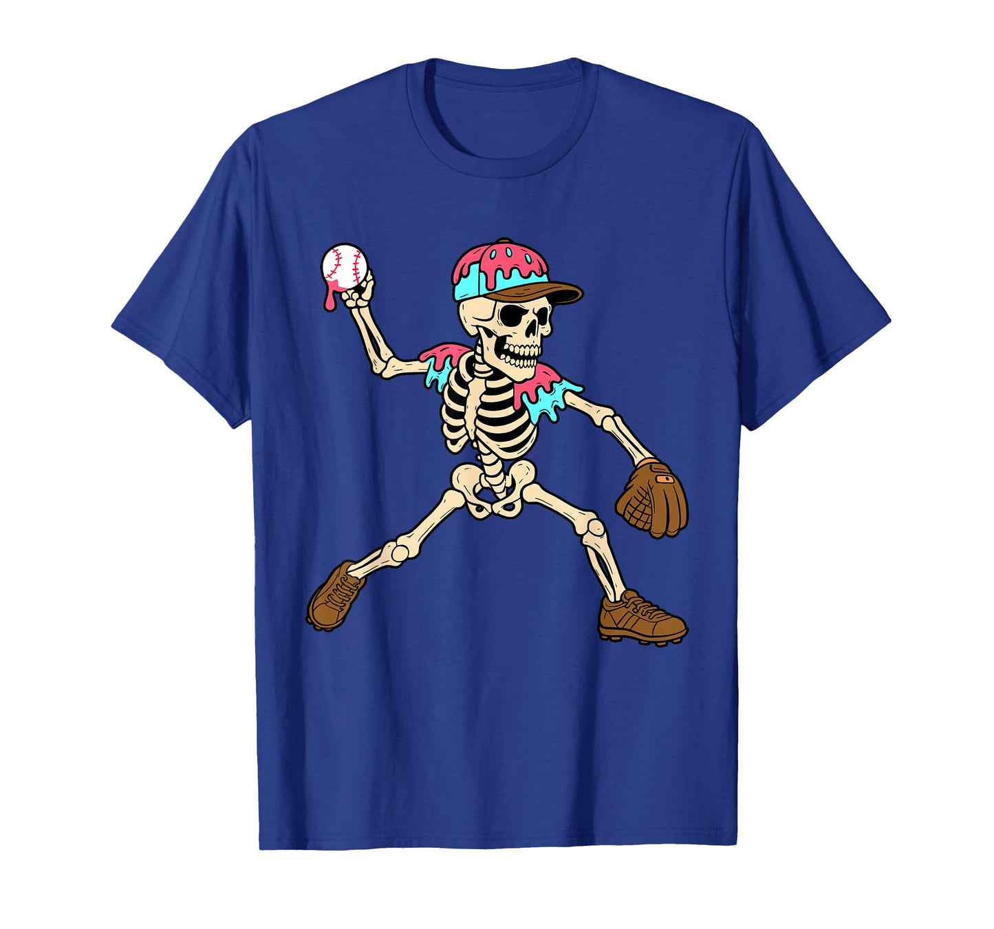 Skeleton Ice Cream Drip Baseball Sport Player Halloween T-Shirt