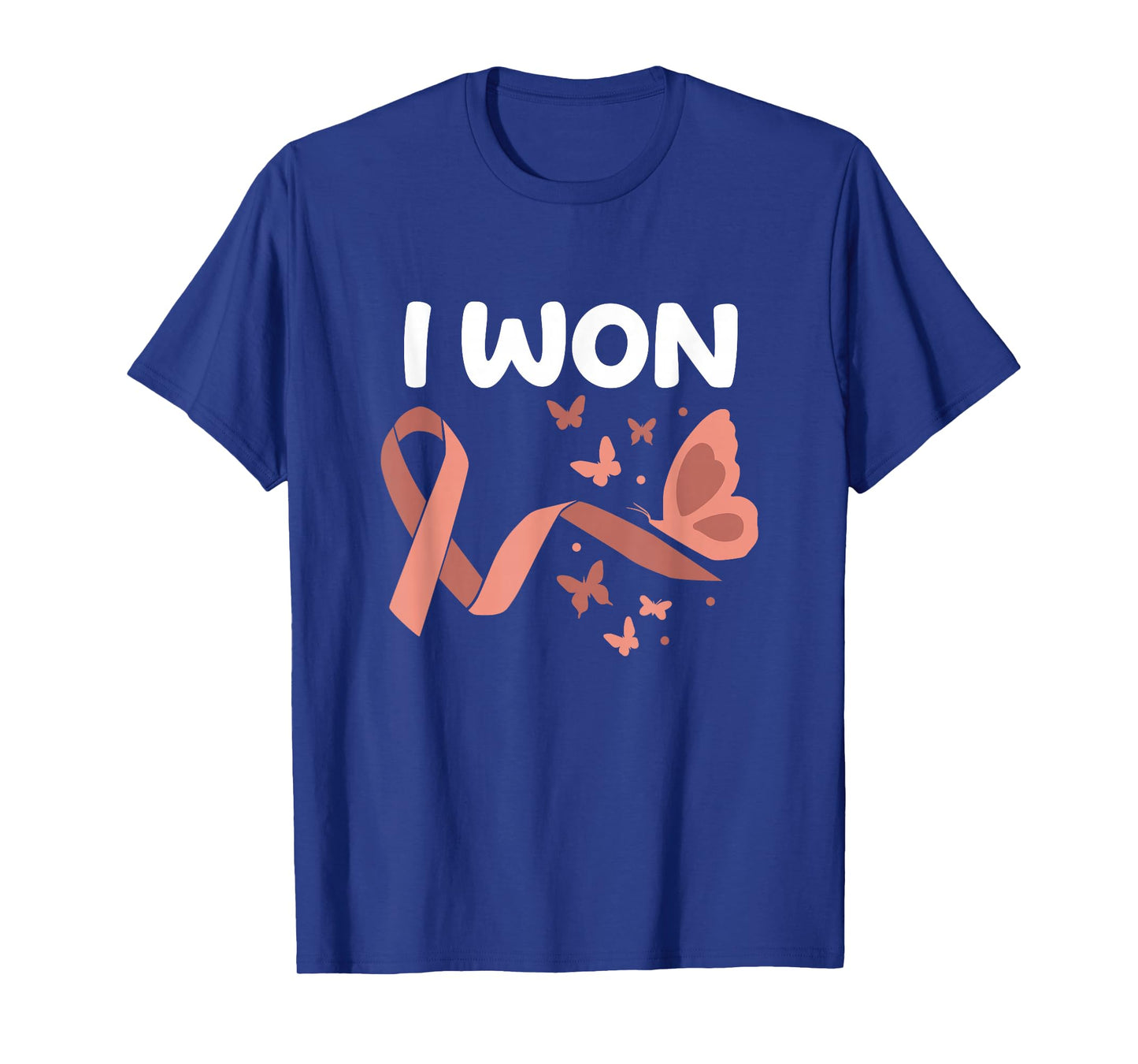 Peach Ribbon For Endometrial Cancer Awareness I Won! Endometrial Cancer Survivor. Butterflies Version Women's Black Cotton Polyester Blend Classic Fit Short Sleeve T-Shirt - Small