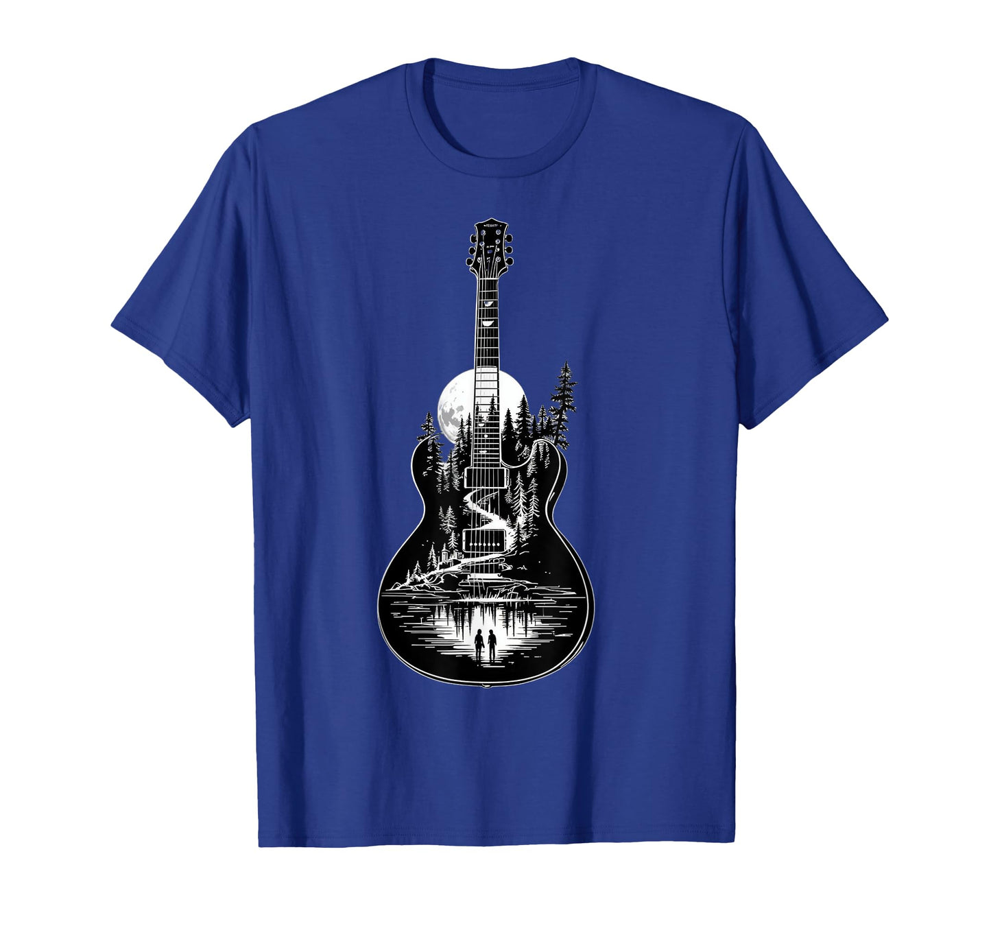 Guitar Lake Reflections Forest Pine Tree Moon Camp Guitarist T-Shirt