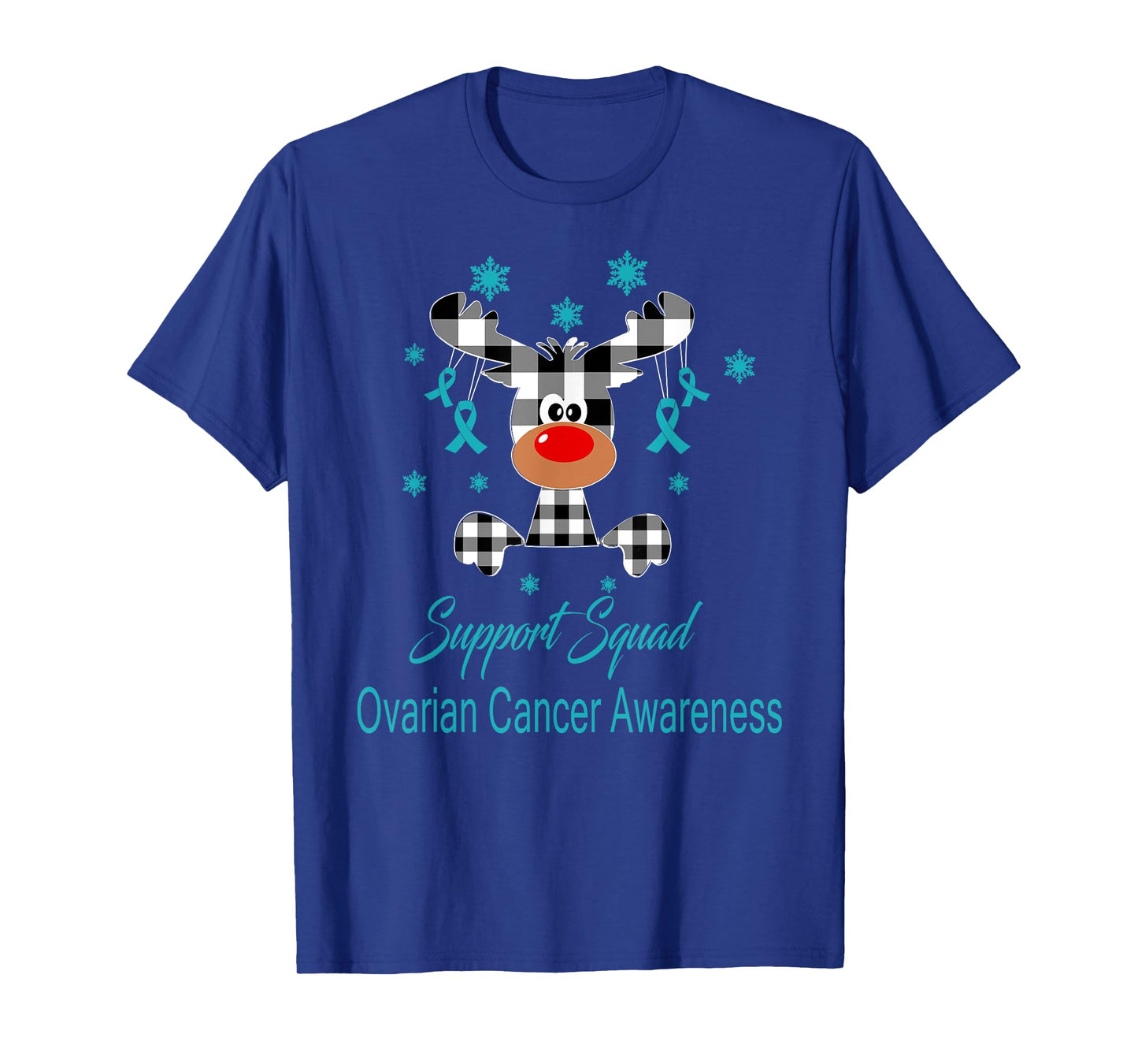 Ovarian Cancer Awareness Christmas Reindeer Teal Ribbon T-Shirt