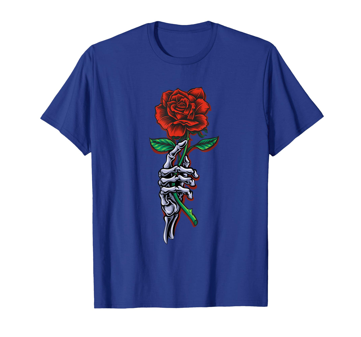 Skeleton Hand Holding Stem Red Rose Flower Graphic Design T-Shirt