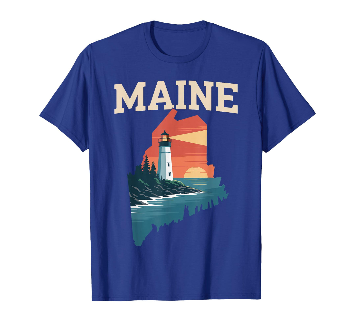 Maine Lighthouse Coastal Sunset Nature Retro T-Shirt