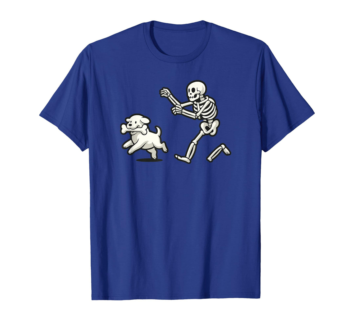 Funny Halloween Skeleton Chasing Dog, Spooky Pet Humor Art T-Shirt