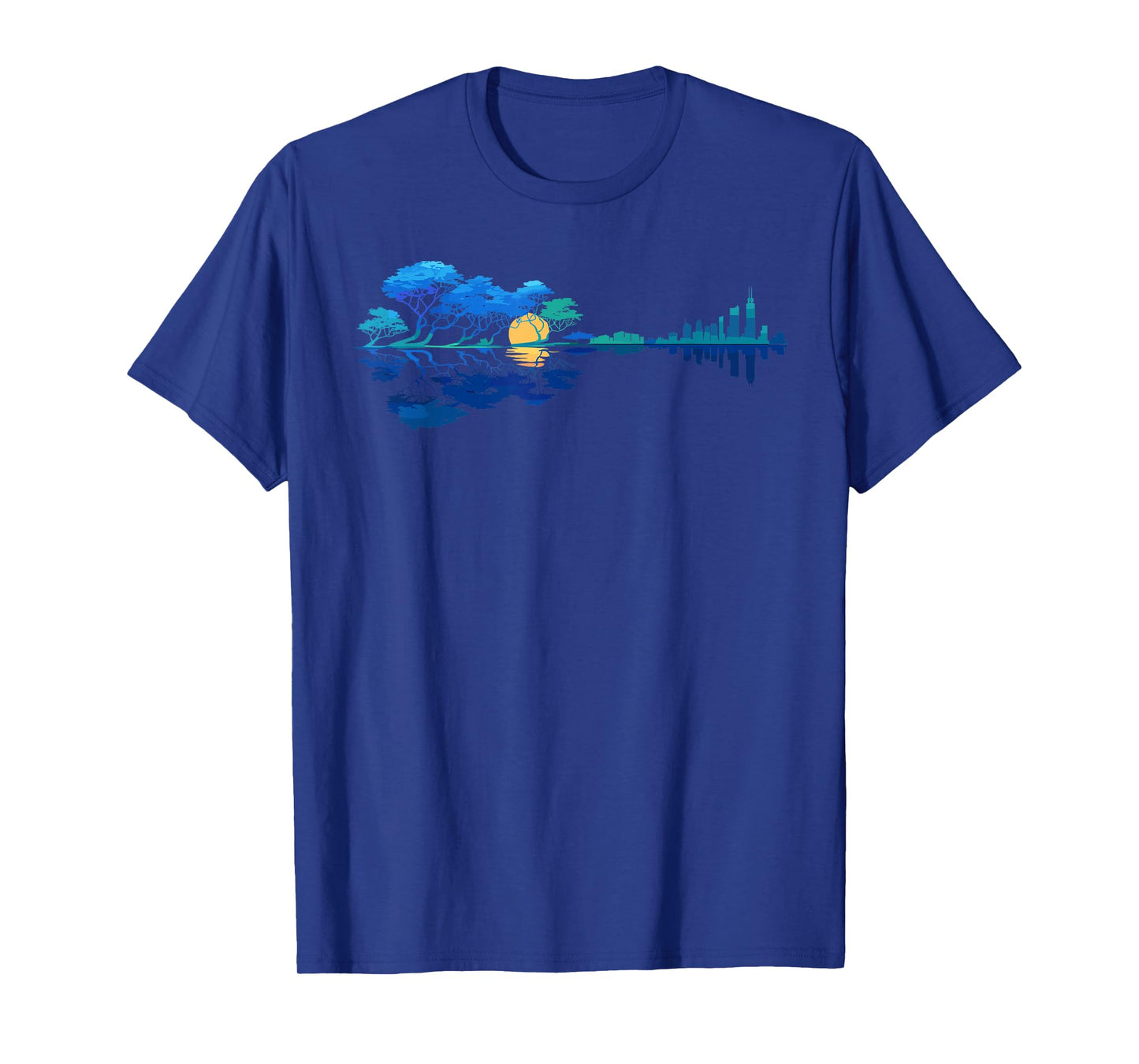 Guitar Lake Reflections Night Sky and Moon T-Shirt