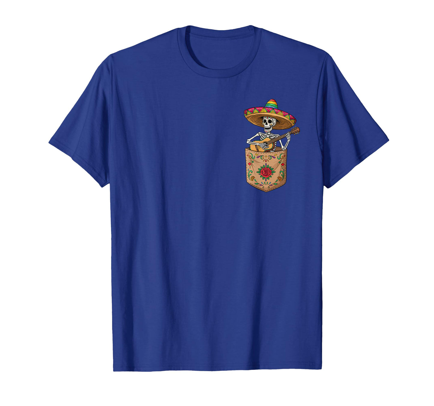 Funny Skeleton Mariachi Guitar Pocket Cinco De Mayo Mexican T-Shirt