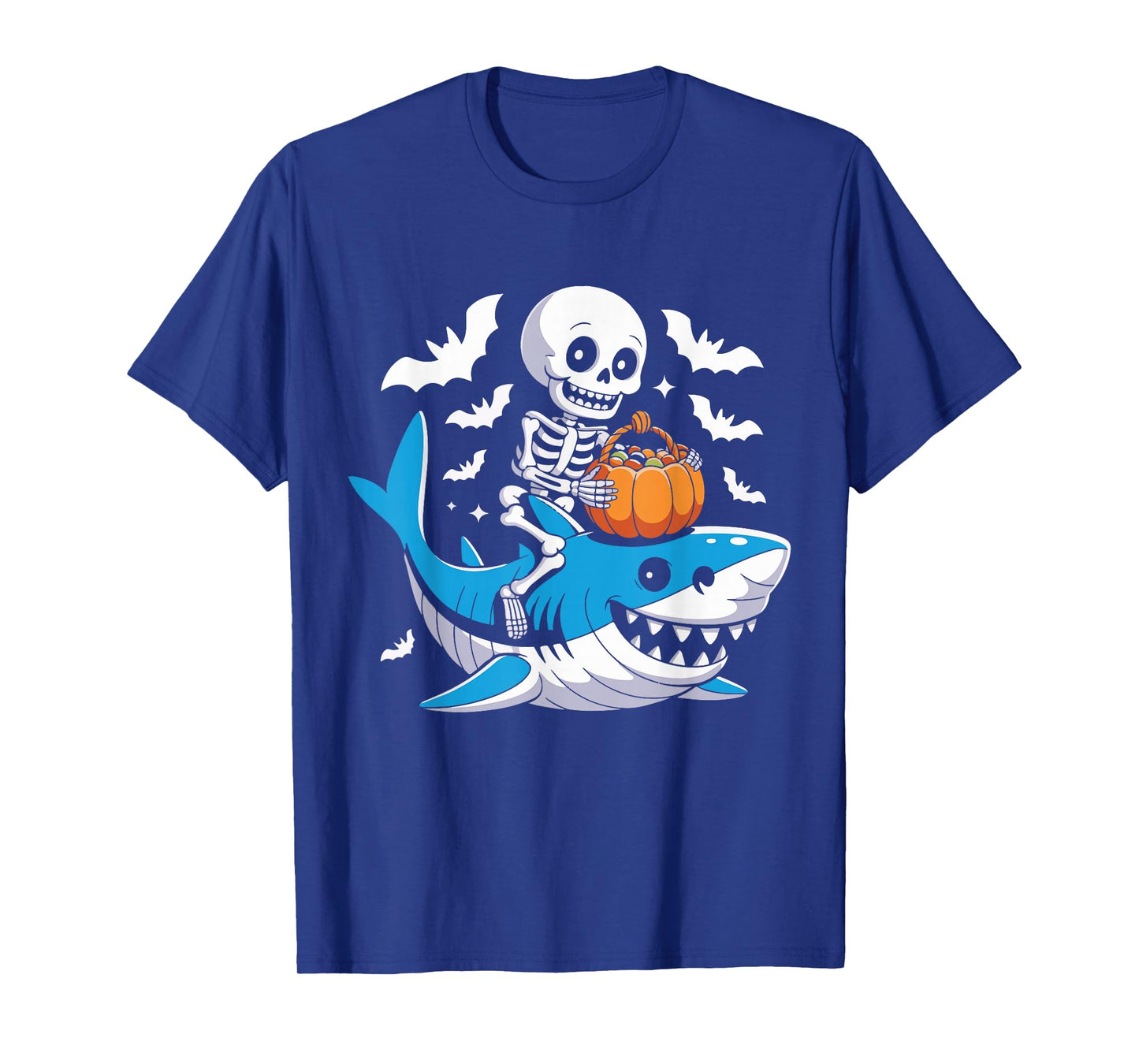 Skeleton Riding Mummy Shark Funny Halloween Pumpkin T-Shirt