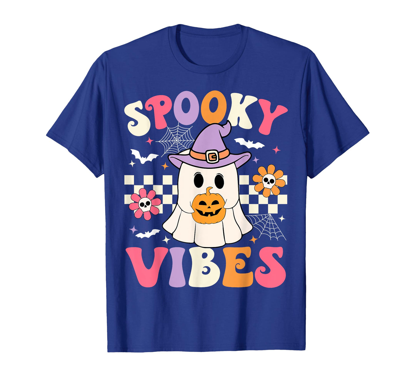 Groovy Spooky Vibes Retro Halloween Ghost Holding Pumpkin T-Shirt