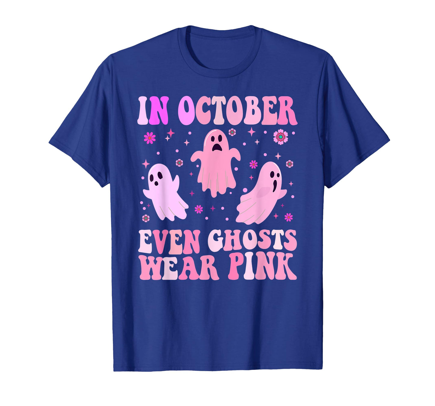 Breast Cancer October Even Ghost Wear Pink Groovy Halloween T-Shirt