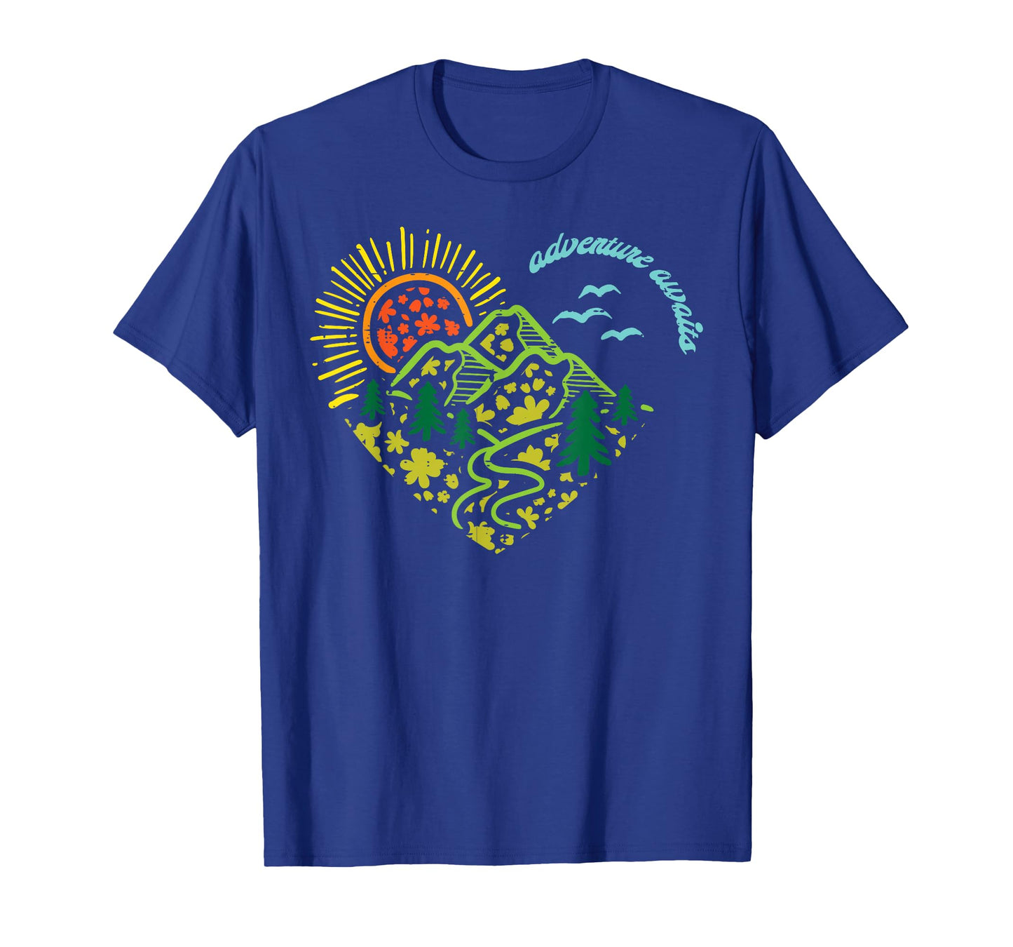Adventure Awaits Mountains Sun Camping Hiking Women Kids Men T-Shirt