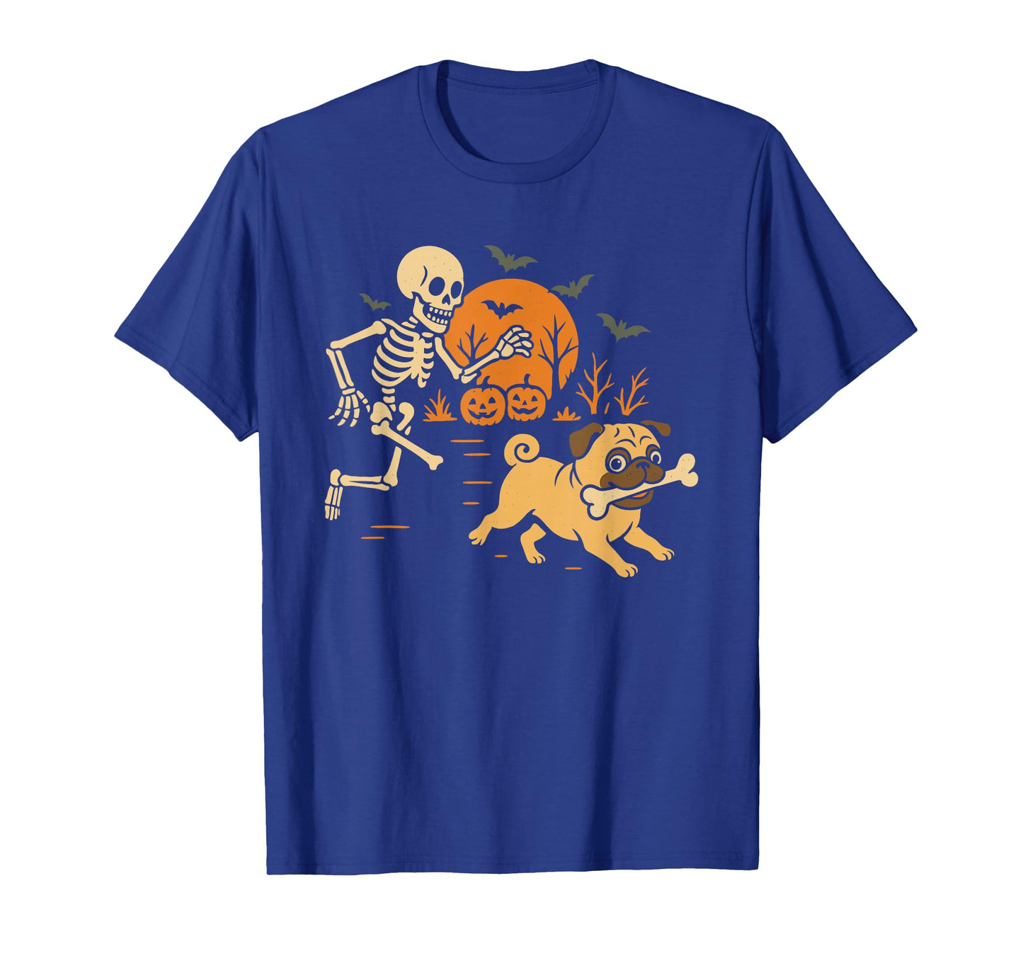 Funny Skeleton Chasing Pug Halloween Costume Dog Lover T-Shirt