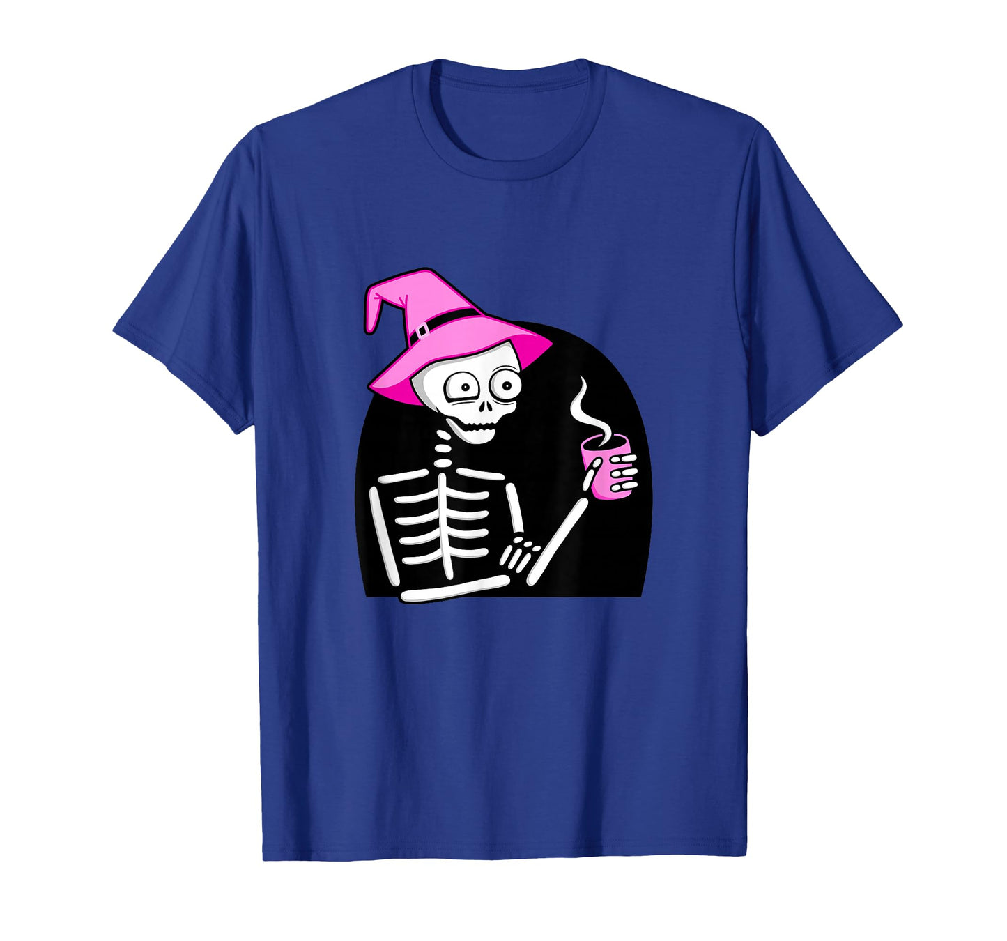 Skeleton Drinking Coffee Pink Witch Hat Halloween Funny T-Shirt