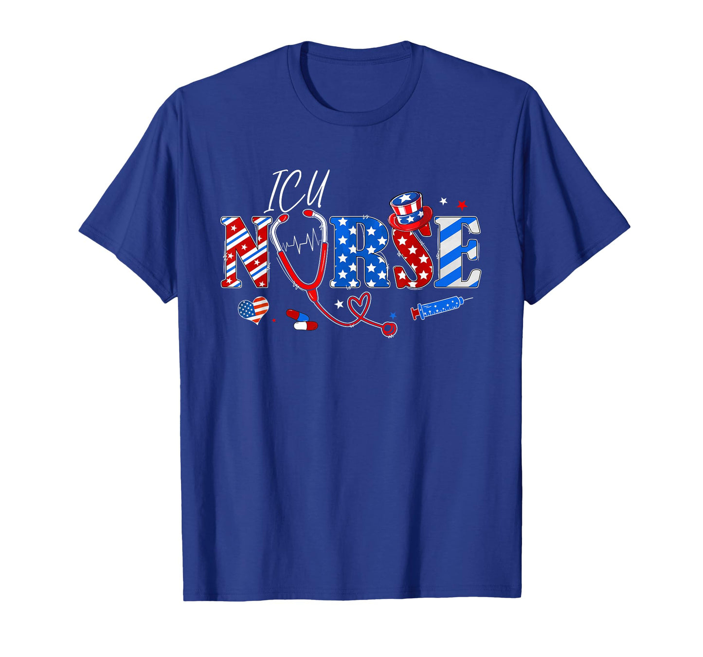 Stethoscope ICU Nurse American Flag Funny 4th Of July T-Shirt for Women Men