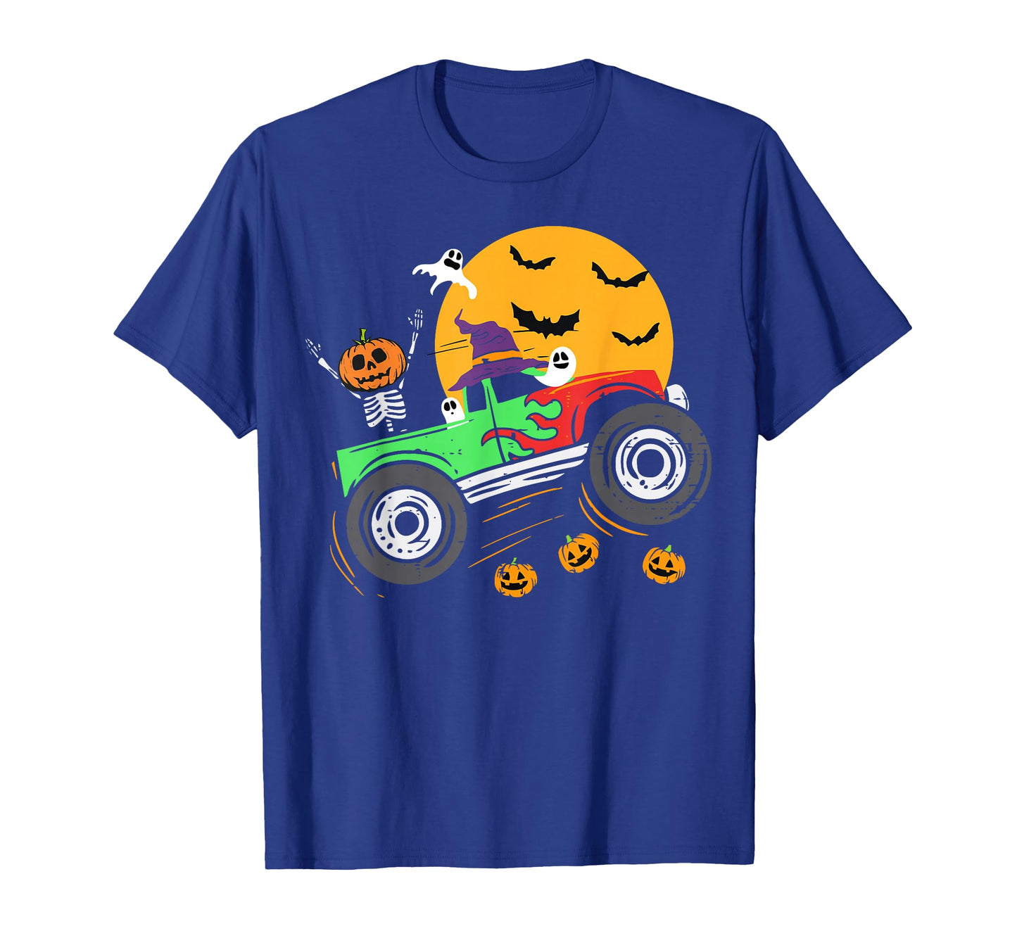 Spooky Skeleton Riding Monster Truck Halloween Boys Girls T-Shirt