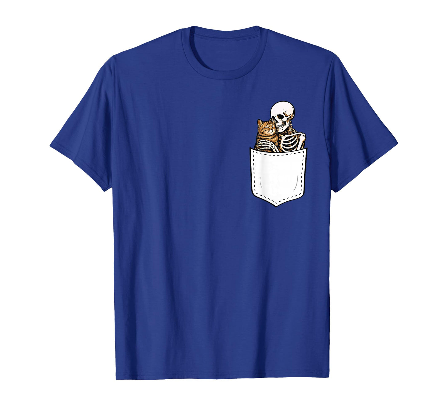 Skeleton Hugging Cat in Pocket Halloween Cat Lover Cat Mom T-Shirt