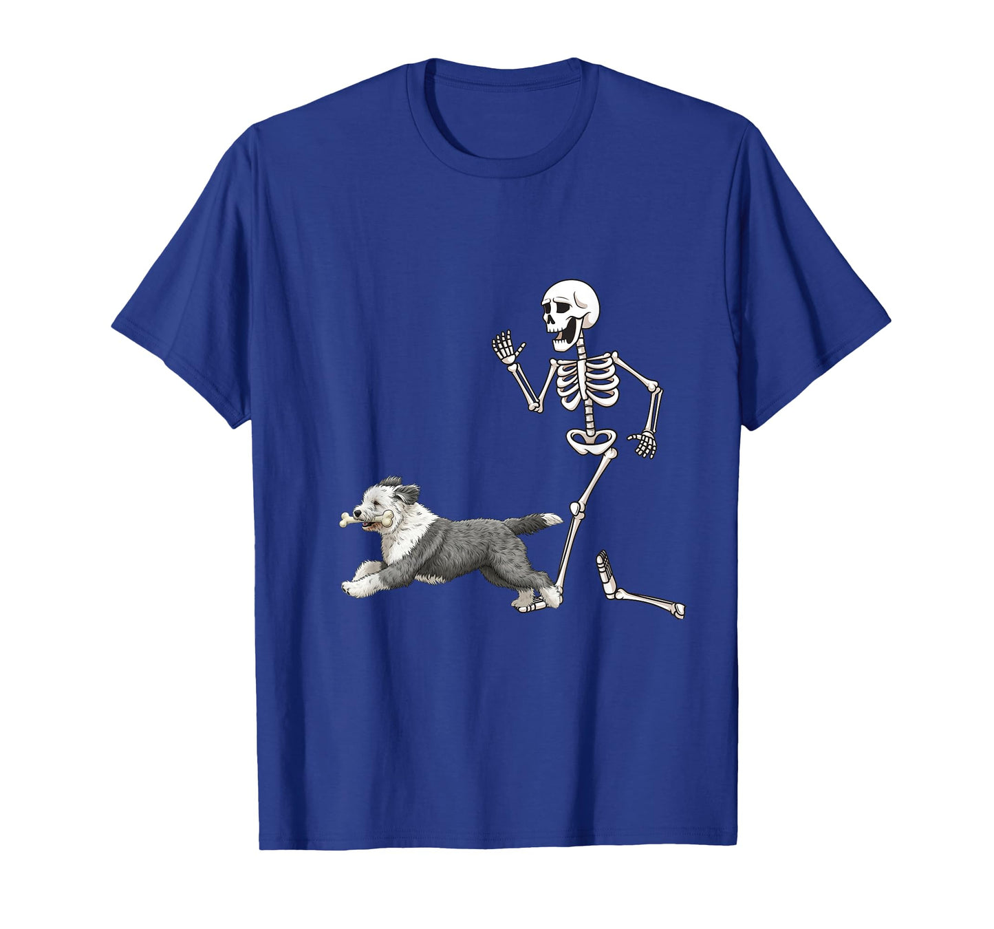 Funny Halloween Old English Sheepdog and Skeleton T-Shirt