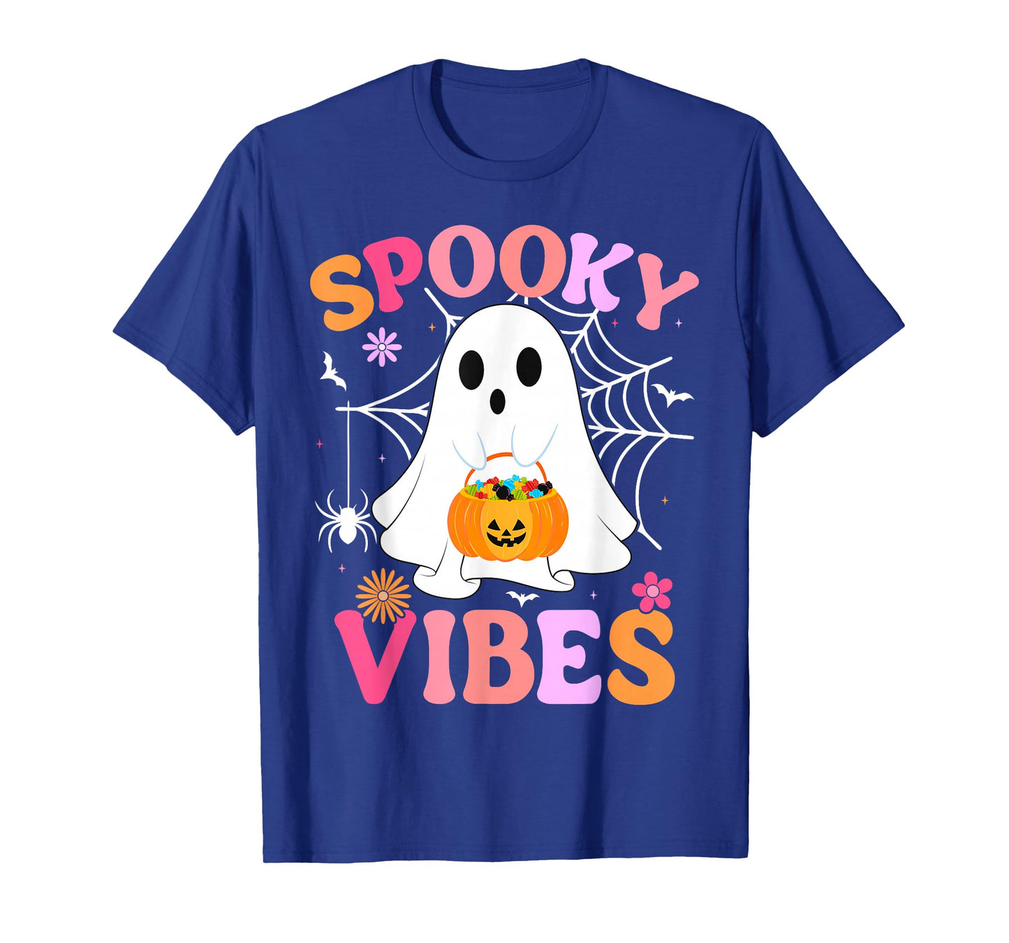 Groovy Spooky Vibes Pumpkin Boo Ghost Halloween Women Girls T-Shirt