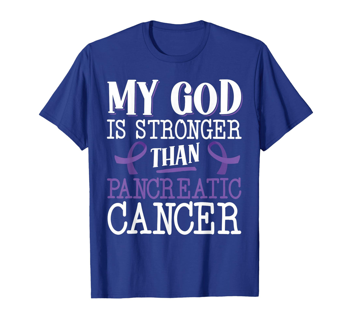My God Is Stronger Than Pancreatic Cancer Purple Ribbon T-Shirt