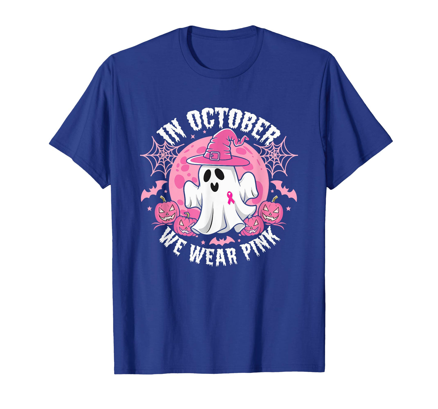 In October We Wear Pink Ribbon Ghost Witch Hat Halloween T-Shirt