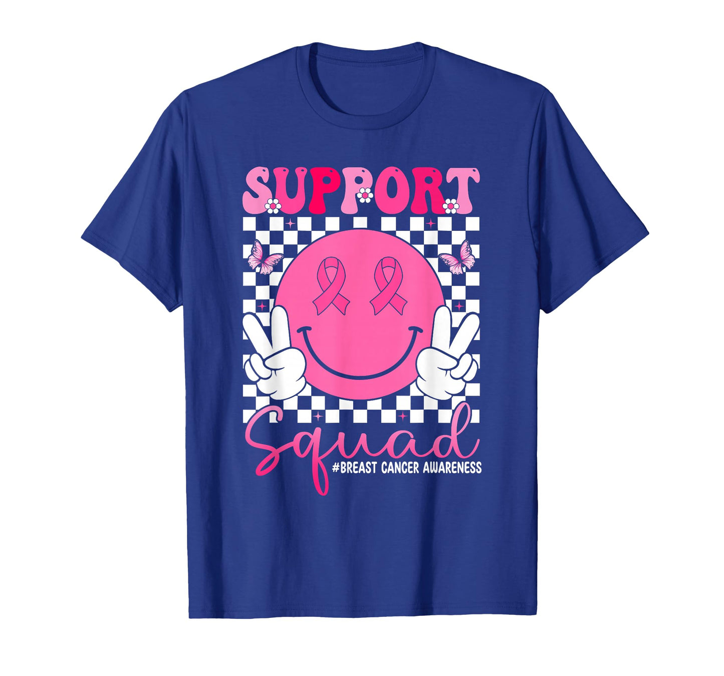 Breast Cancer Awareness Groovy Pink Smile Face Support Squad T-Shirt