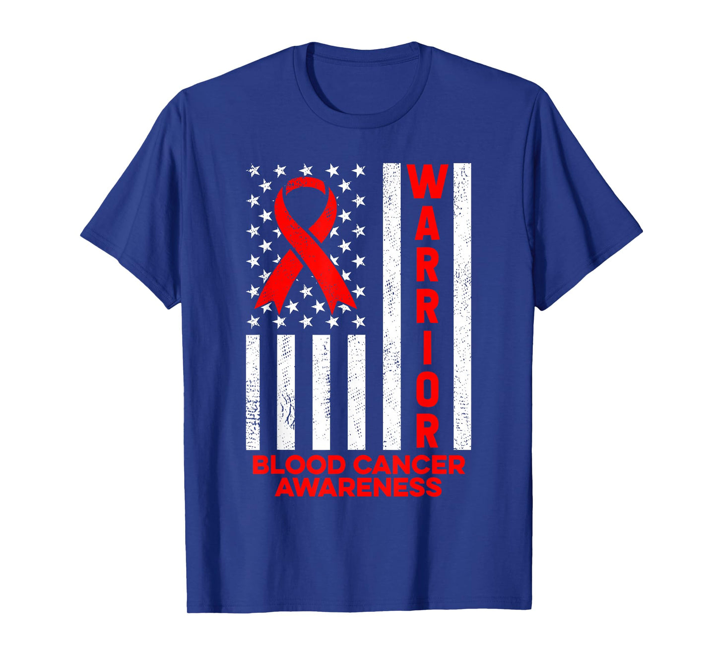 Blood Cancer Awareness Warrior American Flag Red Ribbon T-Shirt
