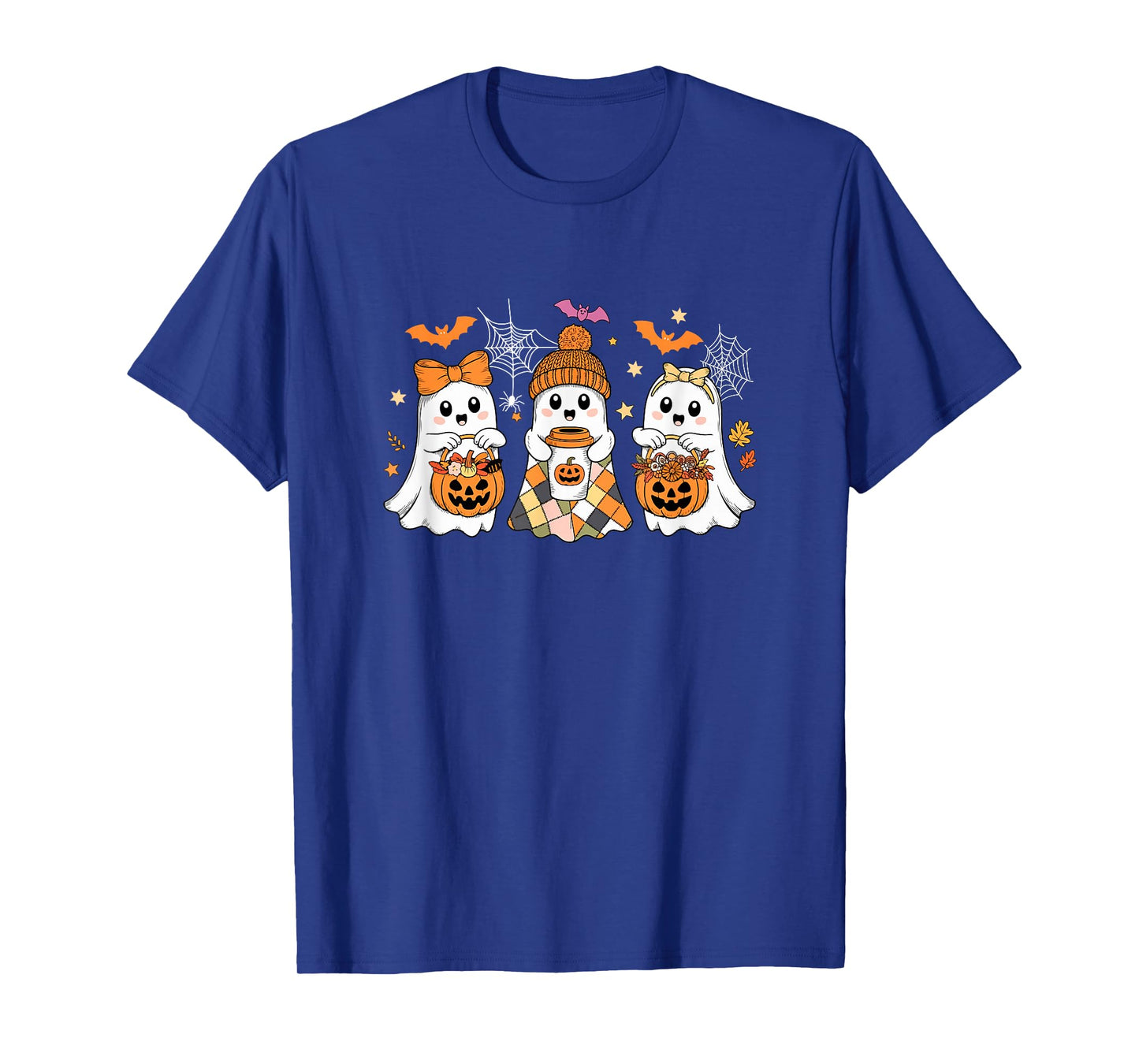 Three Halloween Boos Drinking Coffee Carved Pumpkins Candies T-Shirt
