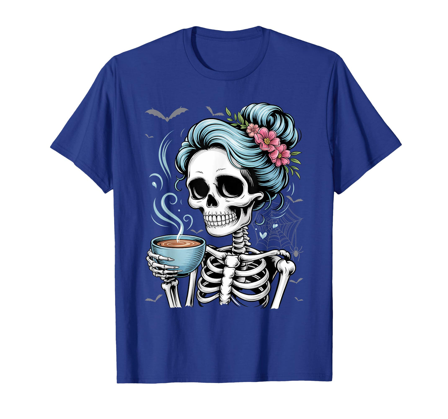 Messy Bun Skeleton Drinking Coffee Vintage Halloween Funny T-Shirt