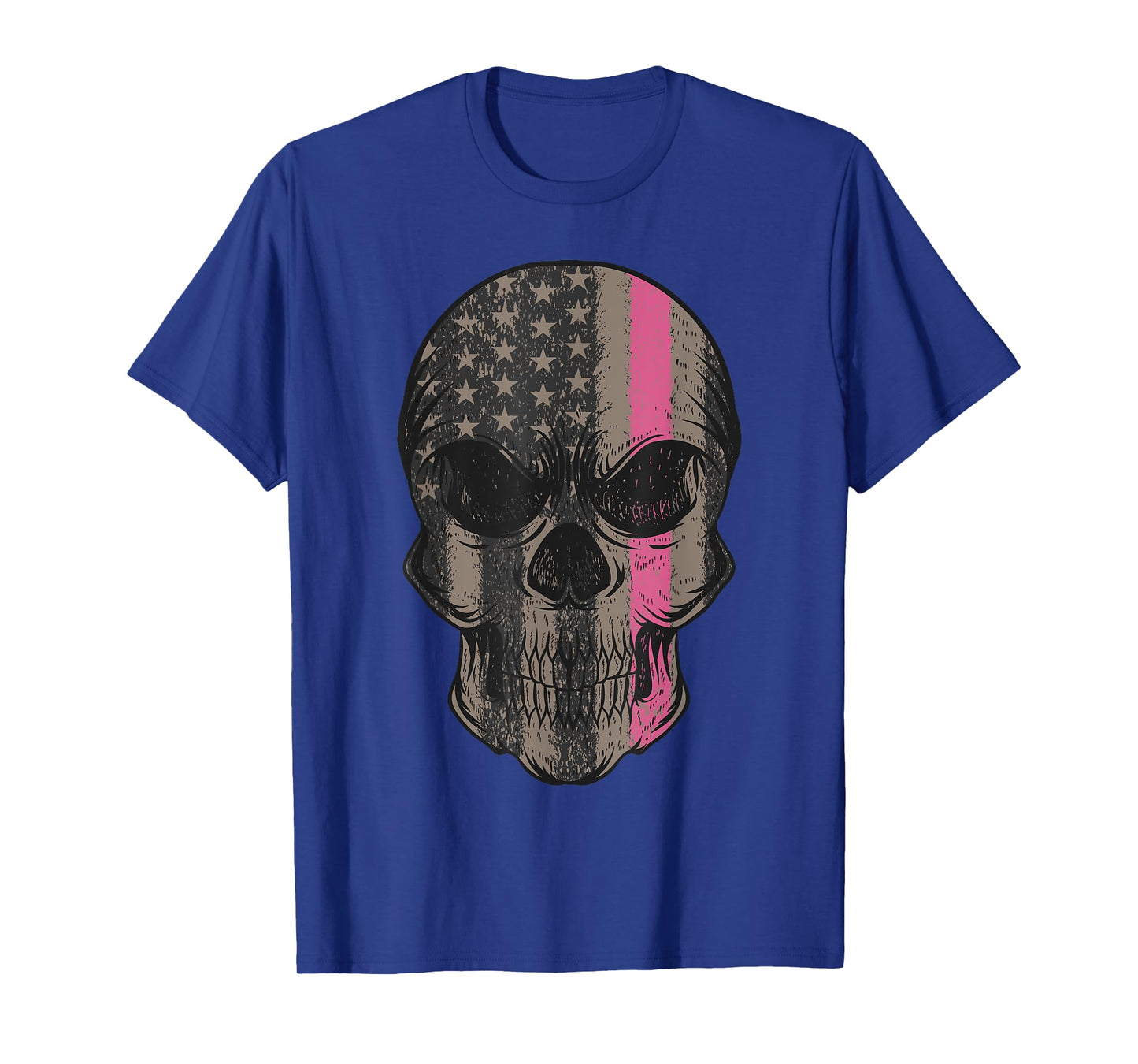 Thin Pink Line Breast Cancer Awareness American Flag Skull Women Men T-Shirt