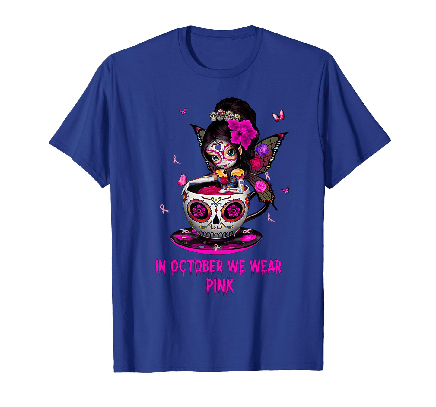 Girl Sugar Skull Fairy In October We Wear Pink Breast Cancer T-Shirt