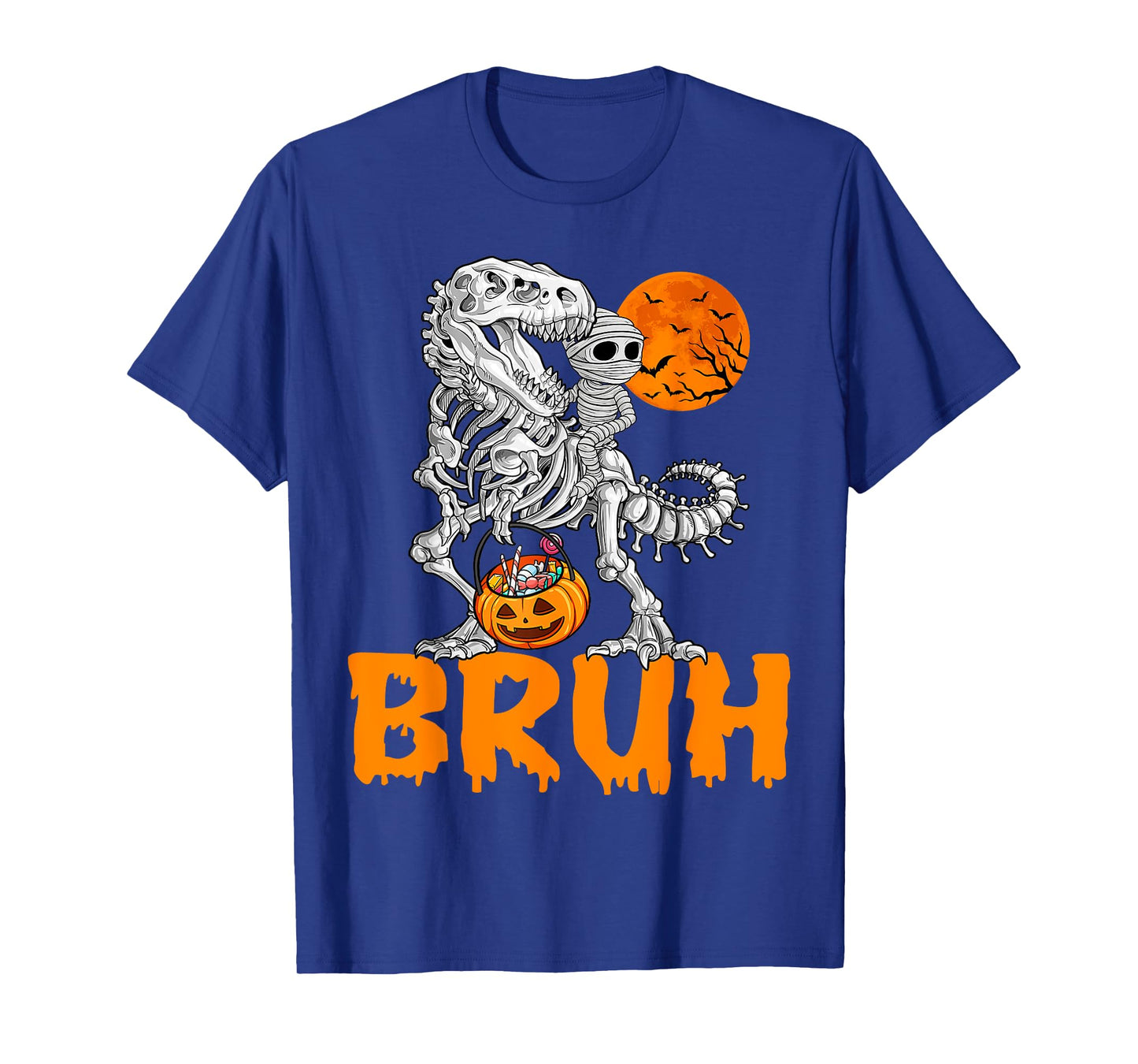 Bruh Skeleton Riding Mummy Dinosaur T Rex Halloween Moon T-Shirt