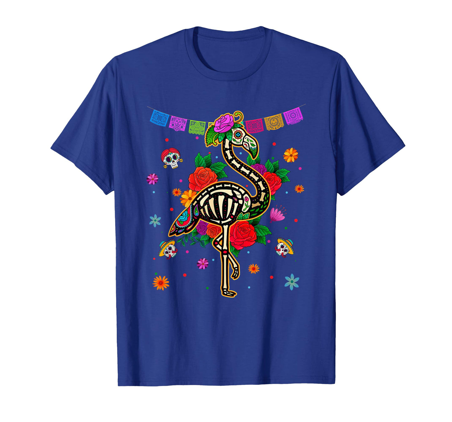 Sugar Skull Pink Flamingo Flowers Dia de Muertos Halloween T-Shirt