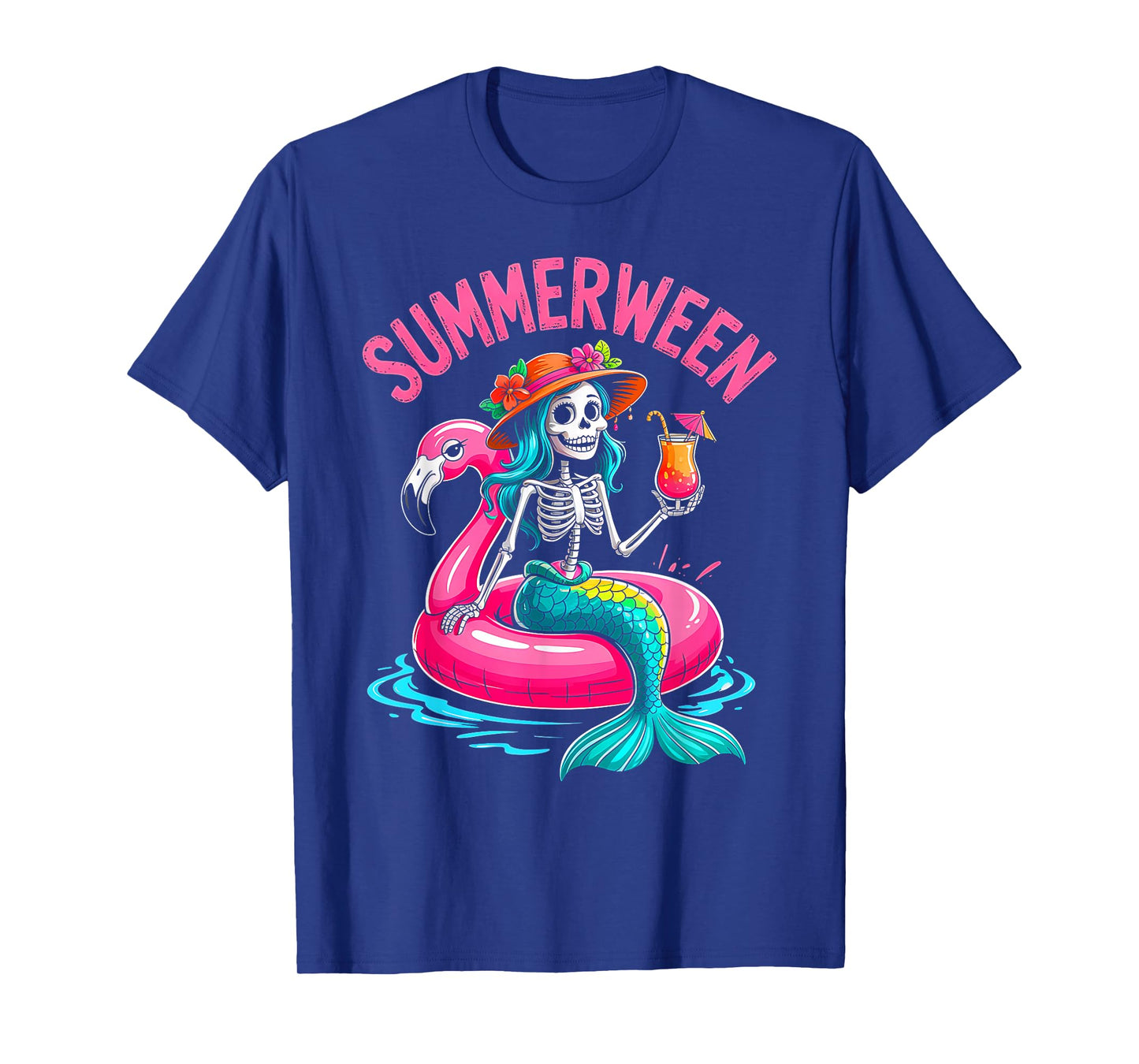 Mermaid Skeleton Beach Flamingo Halloween Girl T-Shirt