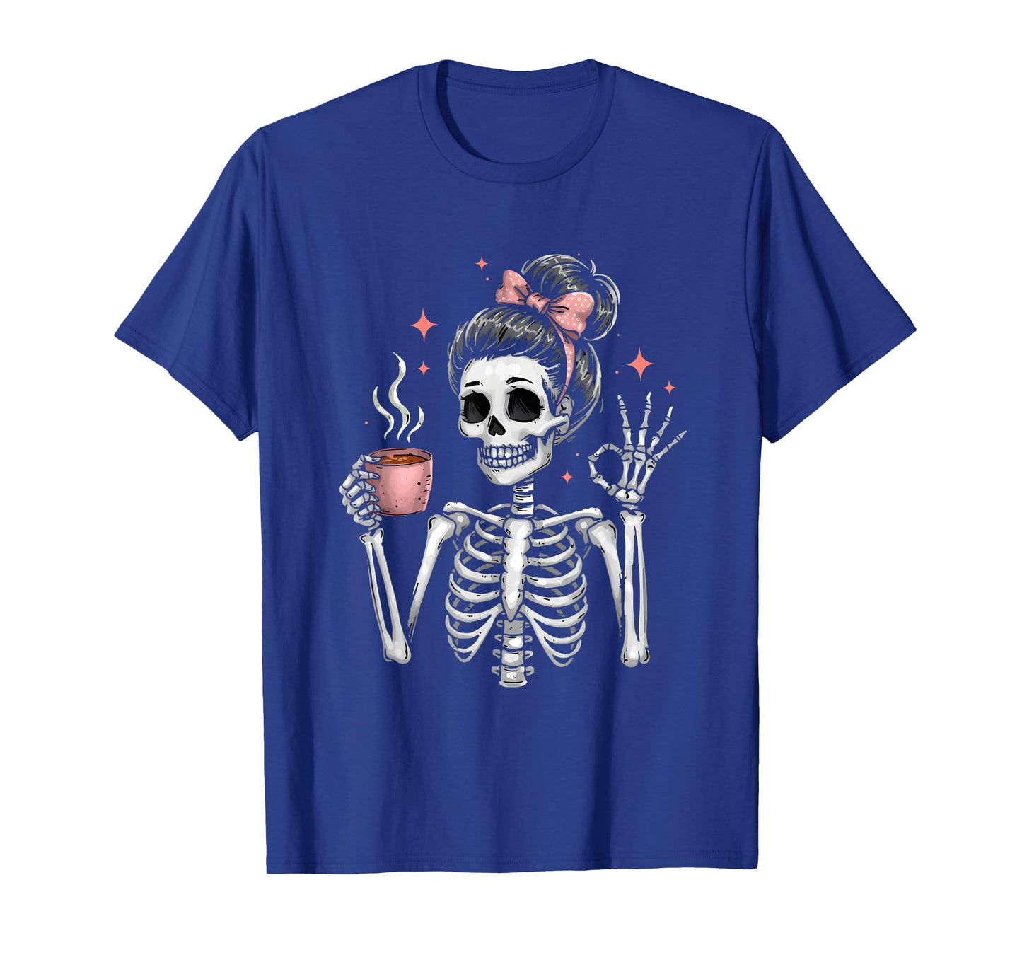 Messy Bun Drinking Coffee for Women Skeleton Tired Mom T-Shirt