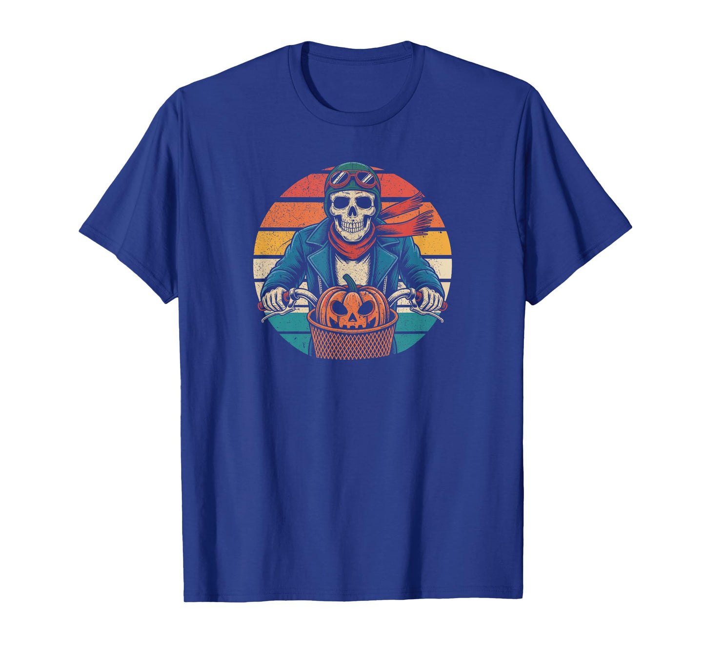 Skeleton Biker with Pumpkin Basket Retro Sunset T-Shirt