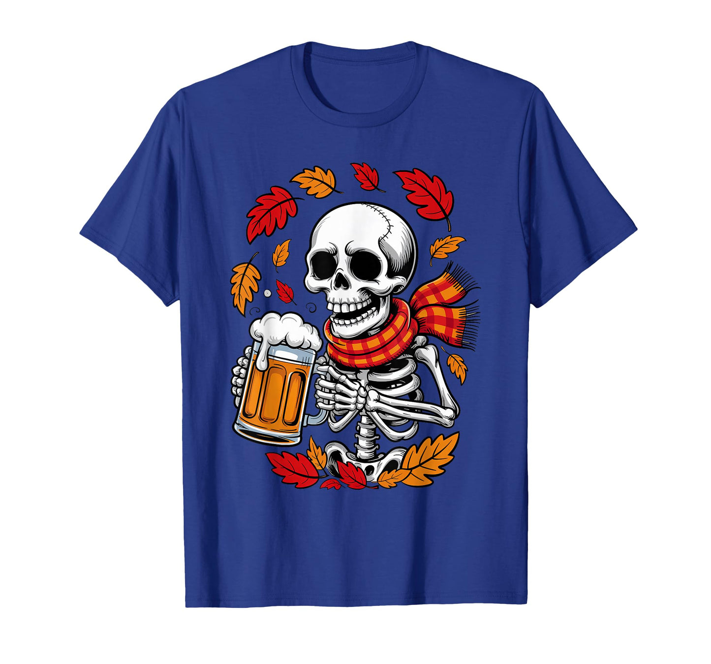Halloween Skeleton Beer Drinker Funny Autumn Leaves Costume T-Shirt