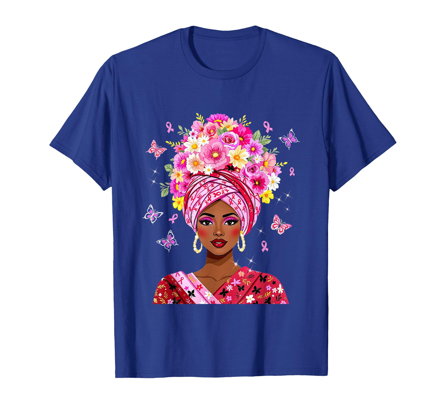 Floral Breast Cancer Black Women Afro Pink Ribbon Survivor T-Shirt