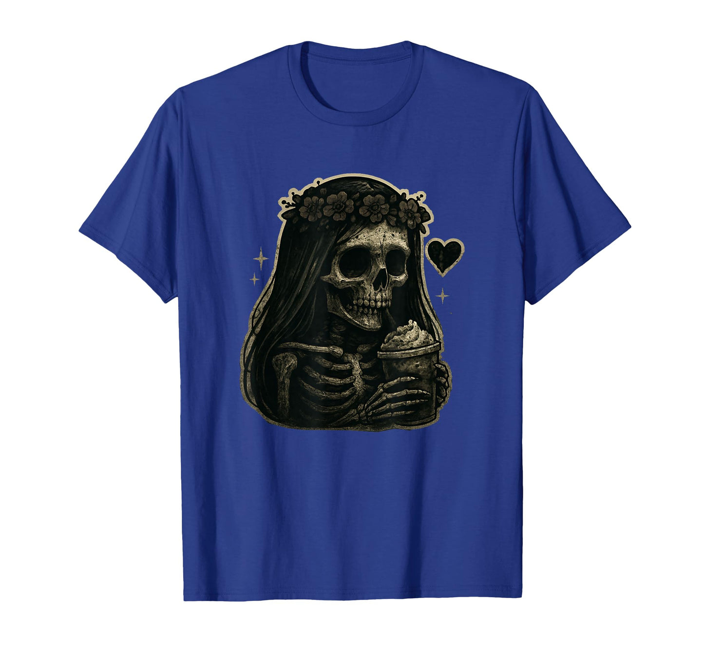 Skeleton Girl Drinking Coffee Peace Sign Graphic for Women T-Shirt