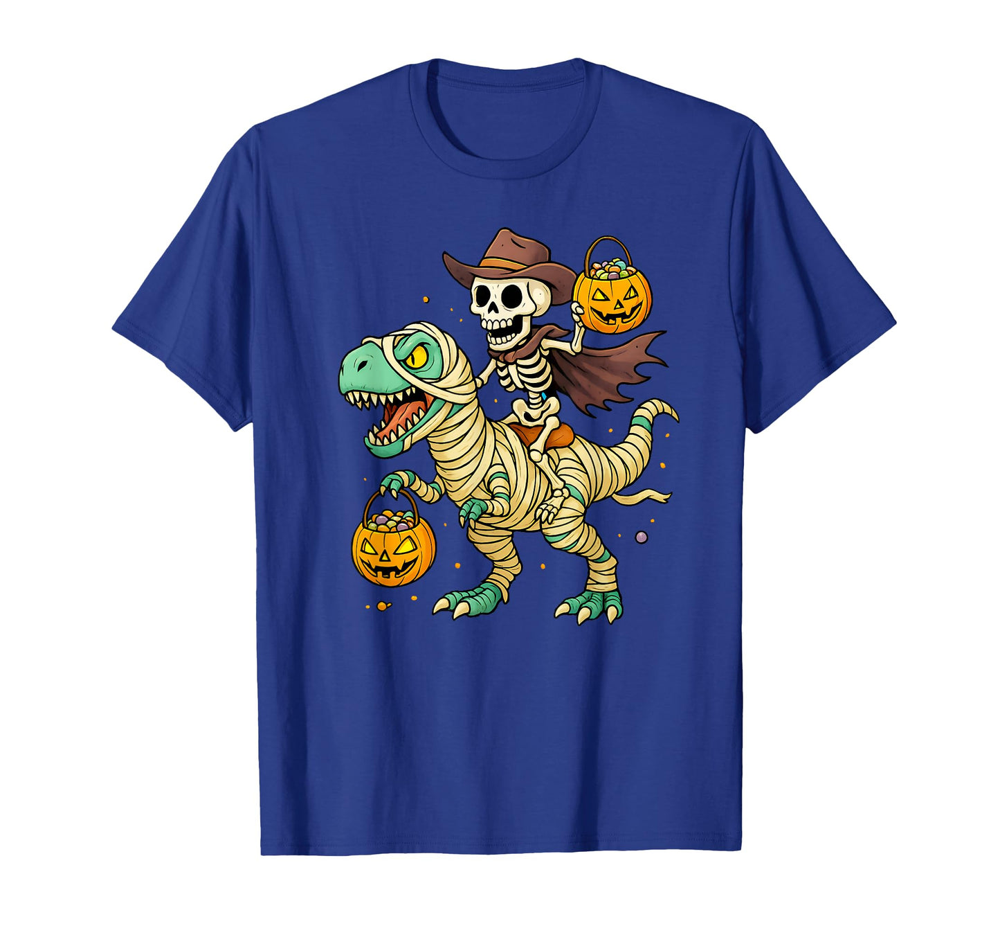 Skeleton Riding Mummy Dinosaur T Rex Kids Boys Men Halloween T-Shirt