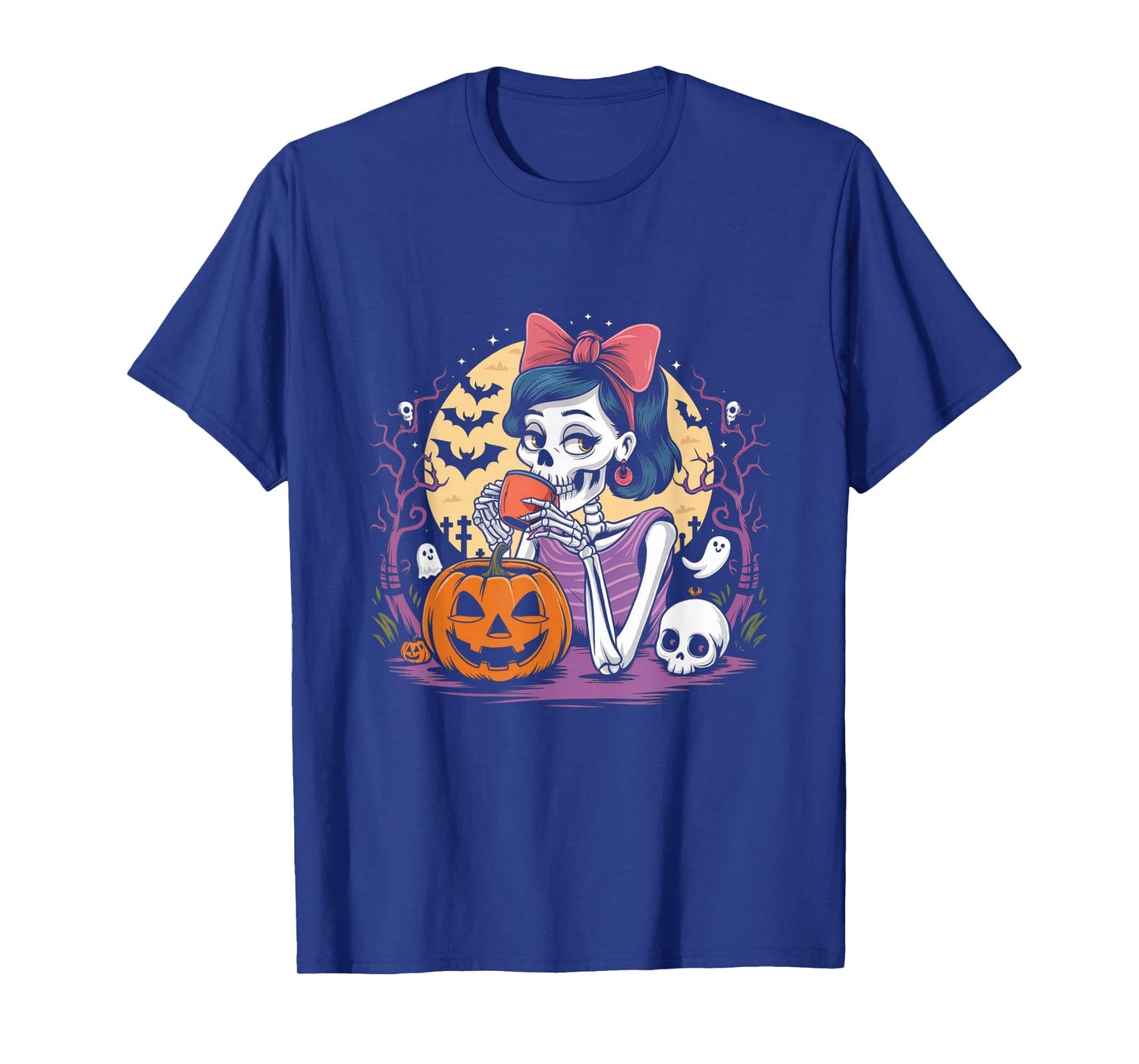Skeleton Drinking Coffee Lover Pumpkin Halloween Costumes T-Shirt