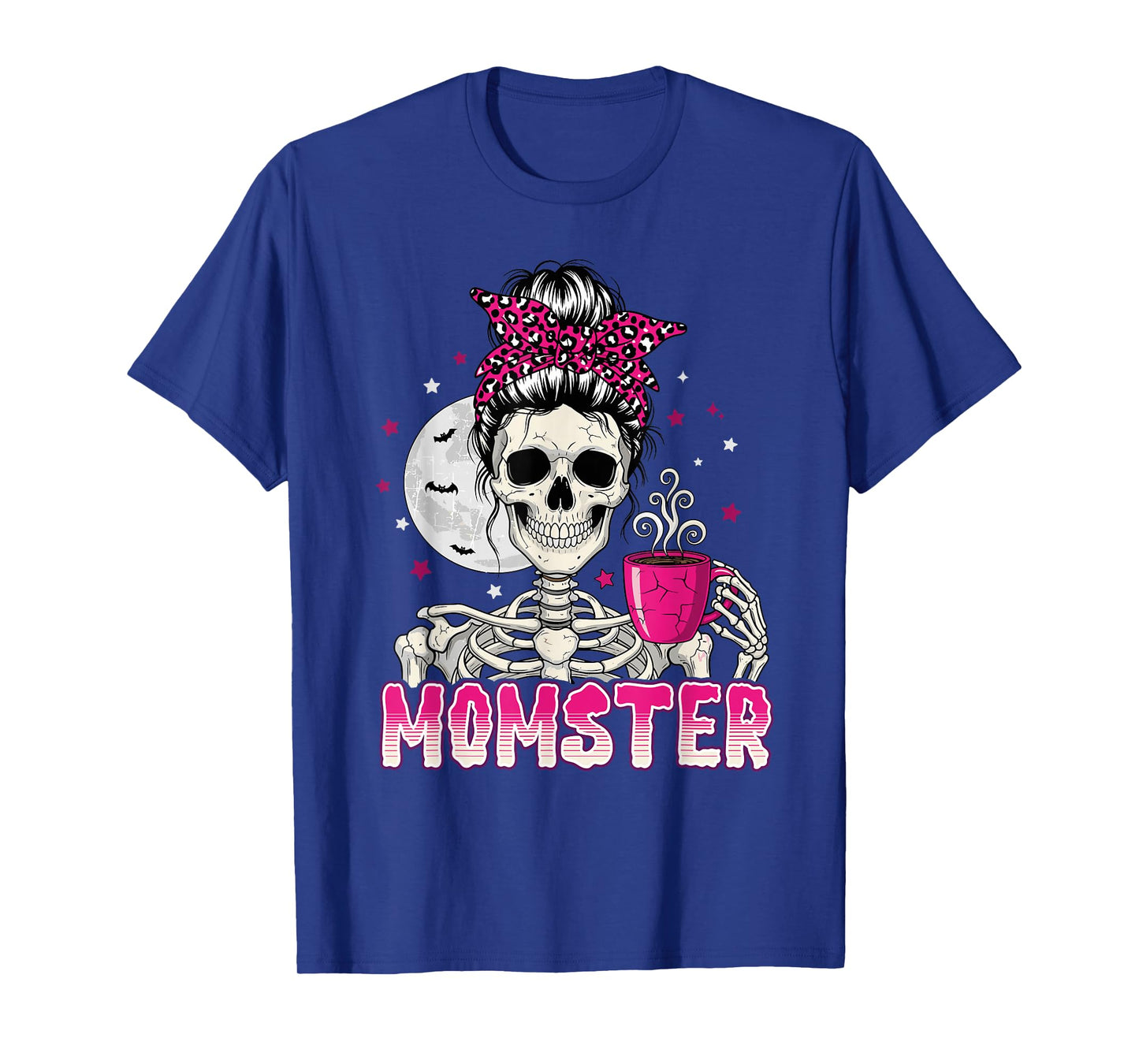 Momster Skull Mom Coffee Lover Halloween Messy Hair Bun Mama T-Shirt