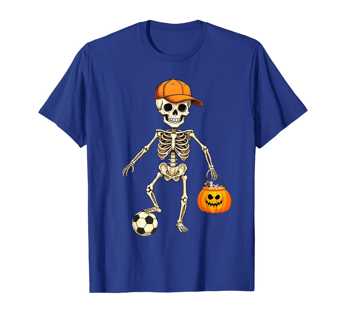 Funny Skeleton Soccer Player Halloween with Pumpkin for Kids T-Shirt