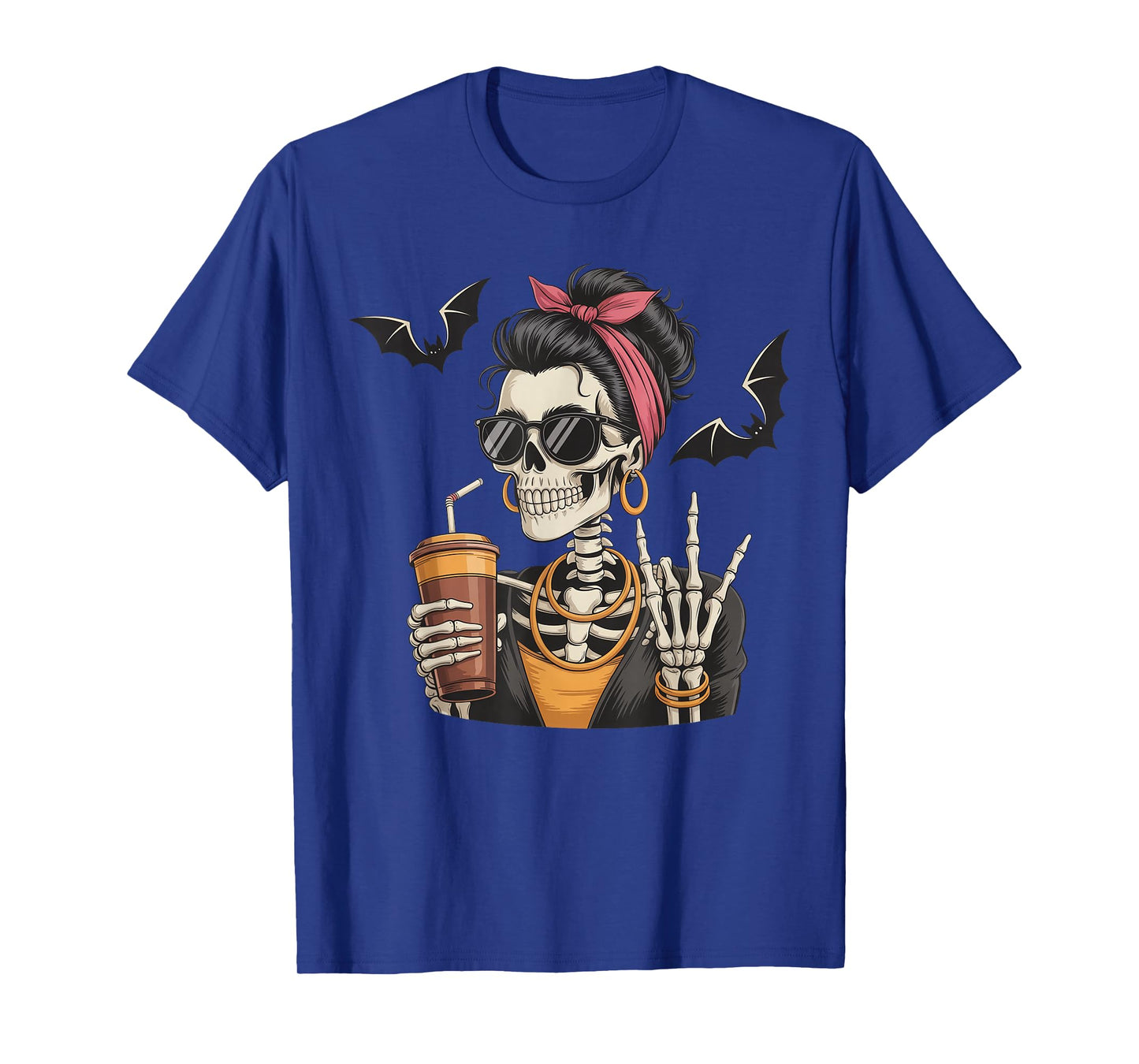 Skeleton Girl Drinking Coffee Peace Sign Graphic for Women T-Shirt