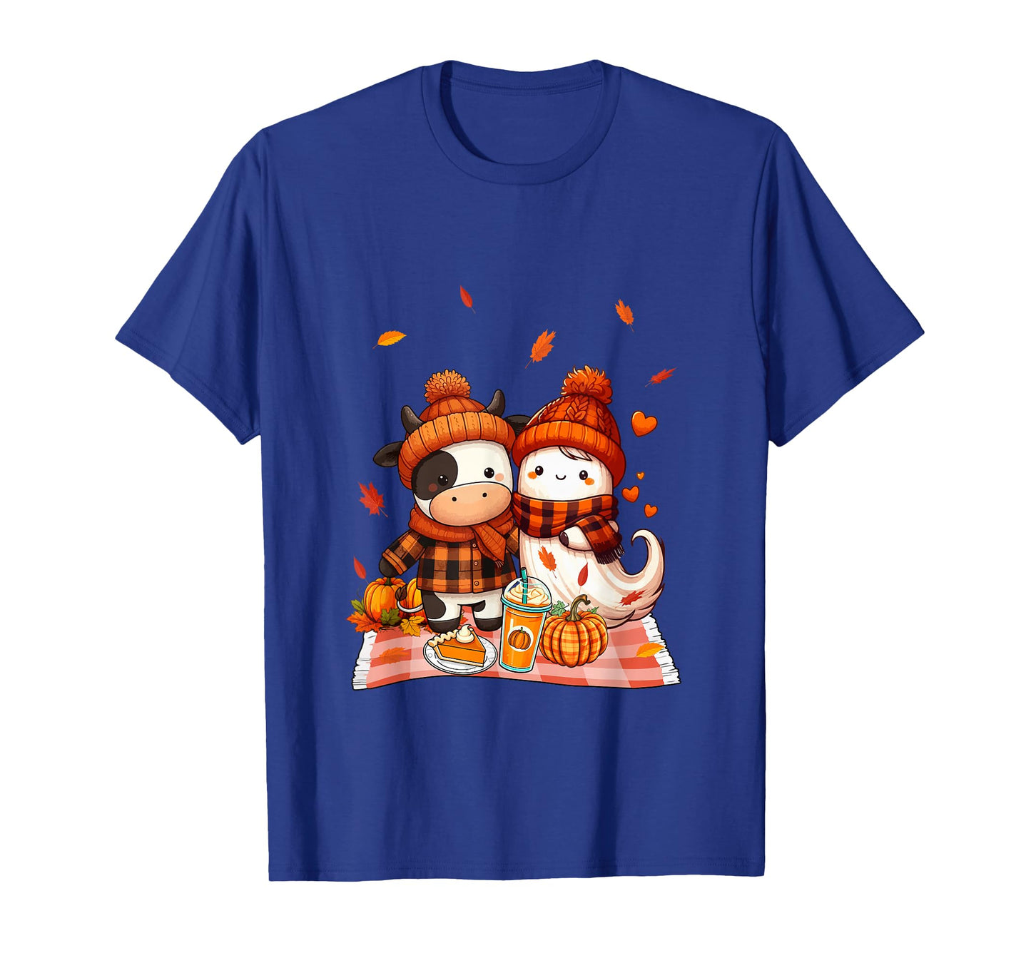 Cow with Boo Halloween Thanksgiving Fall Leaves Pumpkins T-Shirt