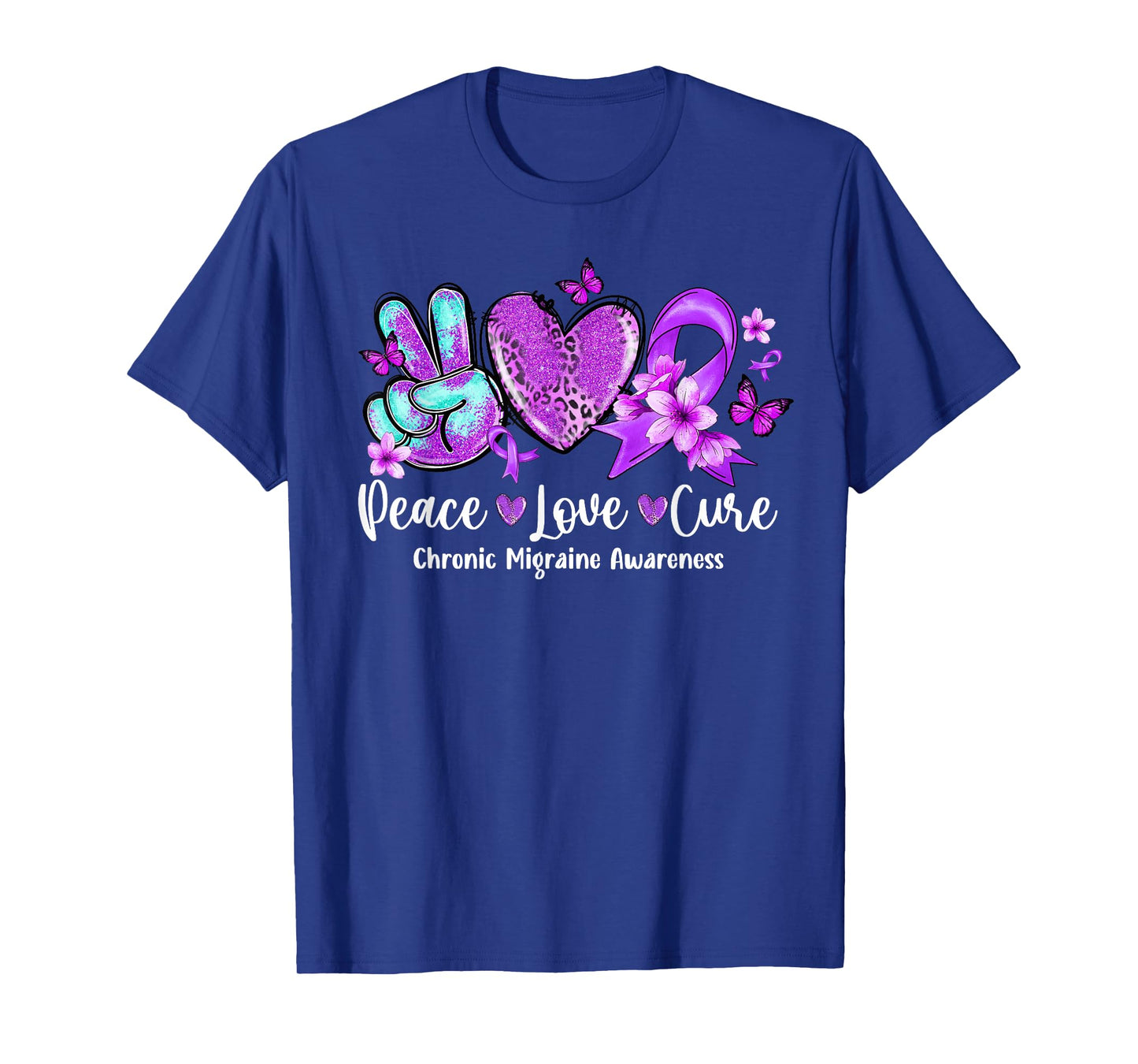 Peace Love Cure Purple Ribbon Chronic Migraine Awareness T-Shirt